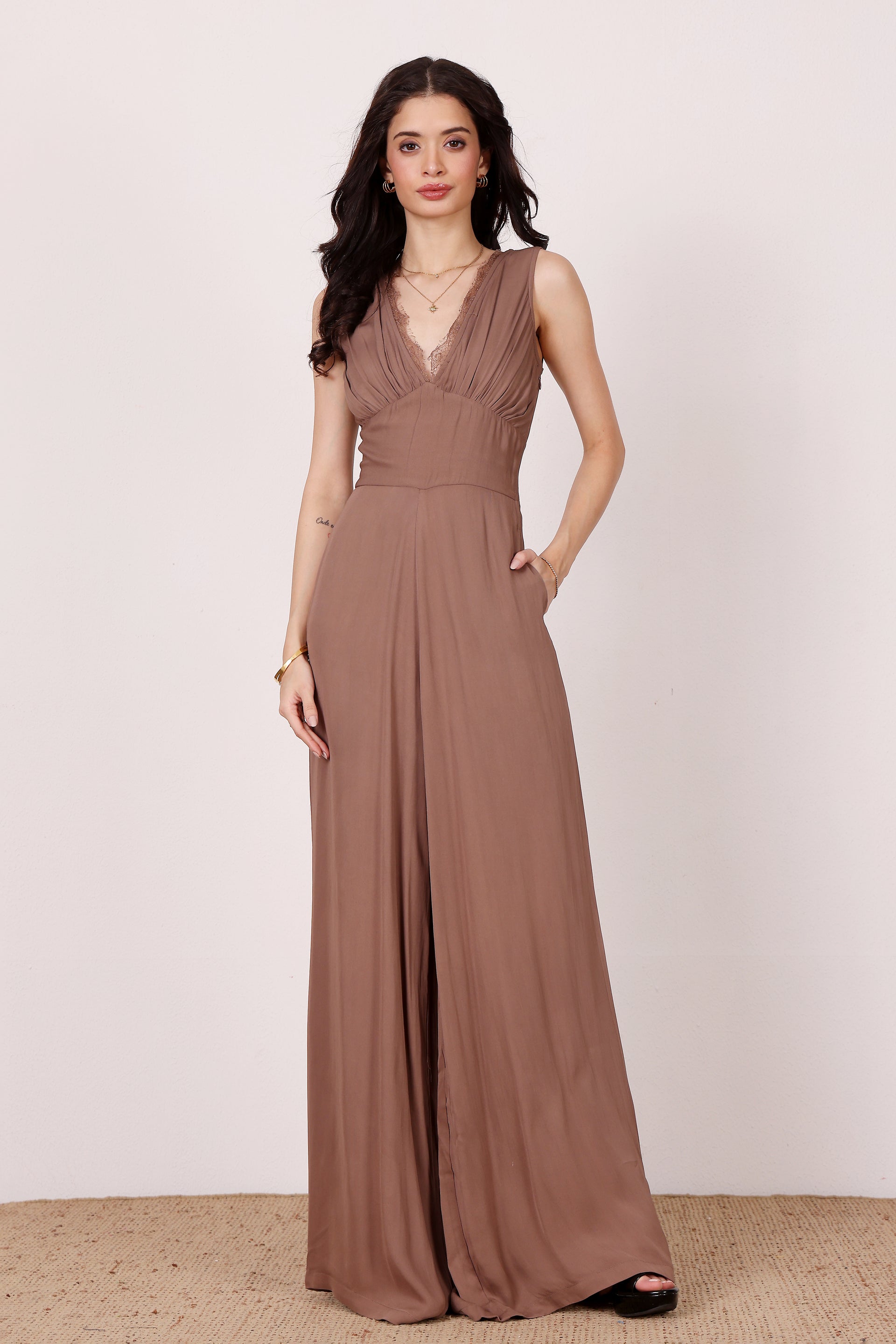 Taupe nude brown sleeveless lace v-neck wide-leg jumpsuit