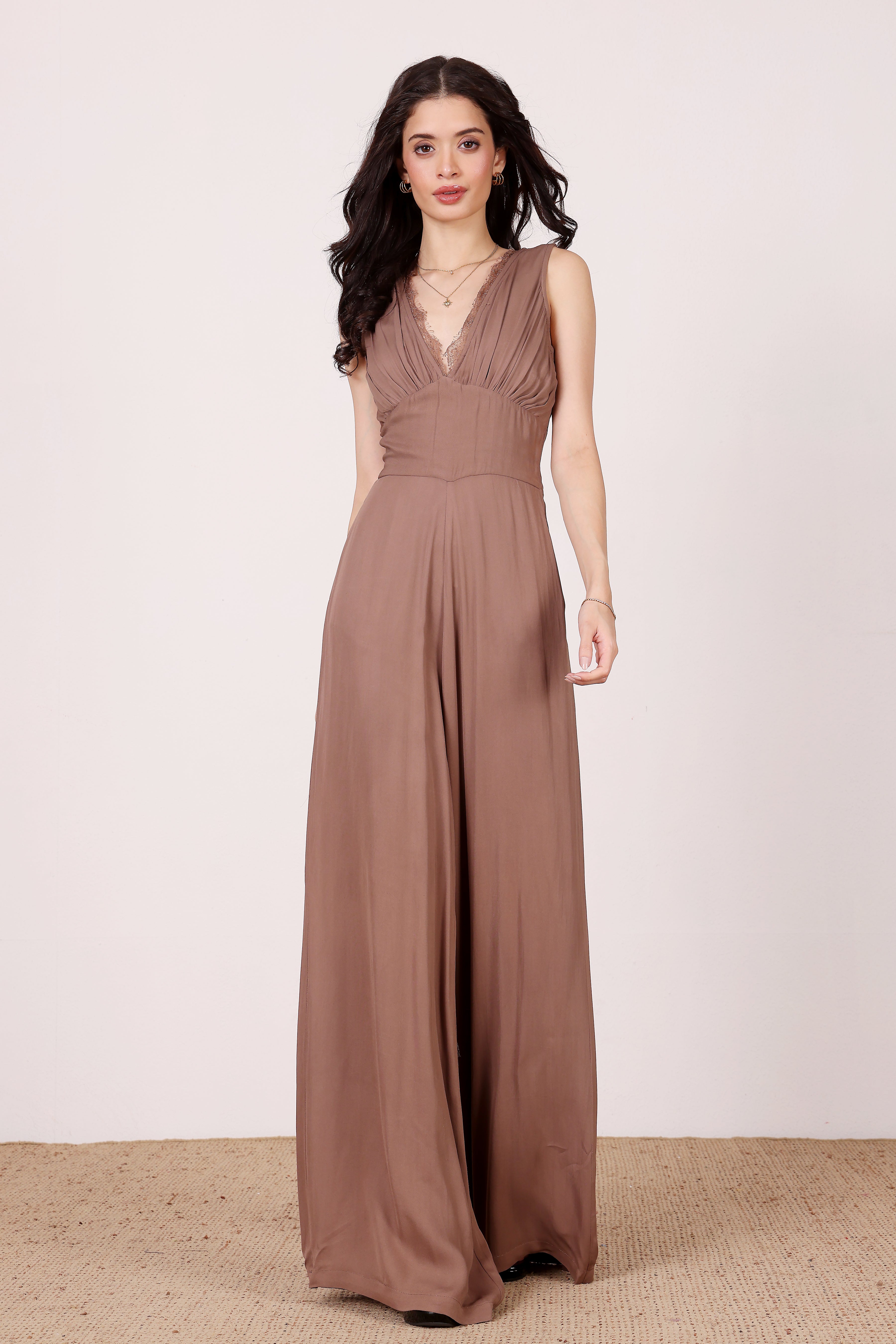 Ronnie Jumpsuit in Taupe with Lace Detail