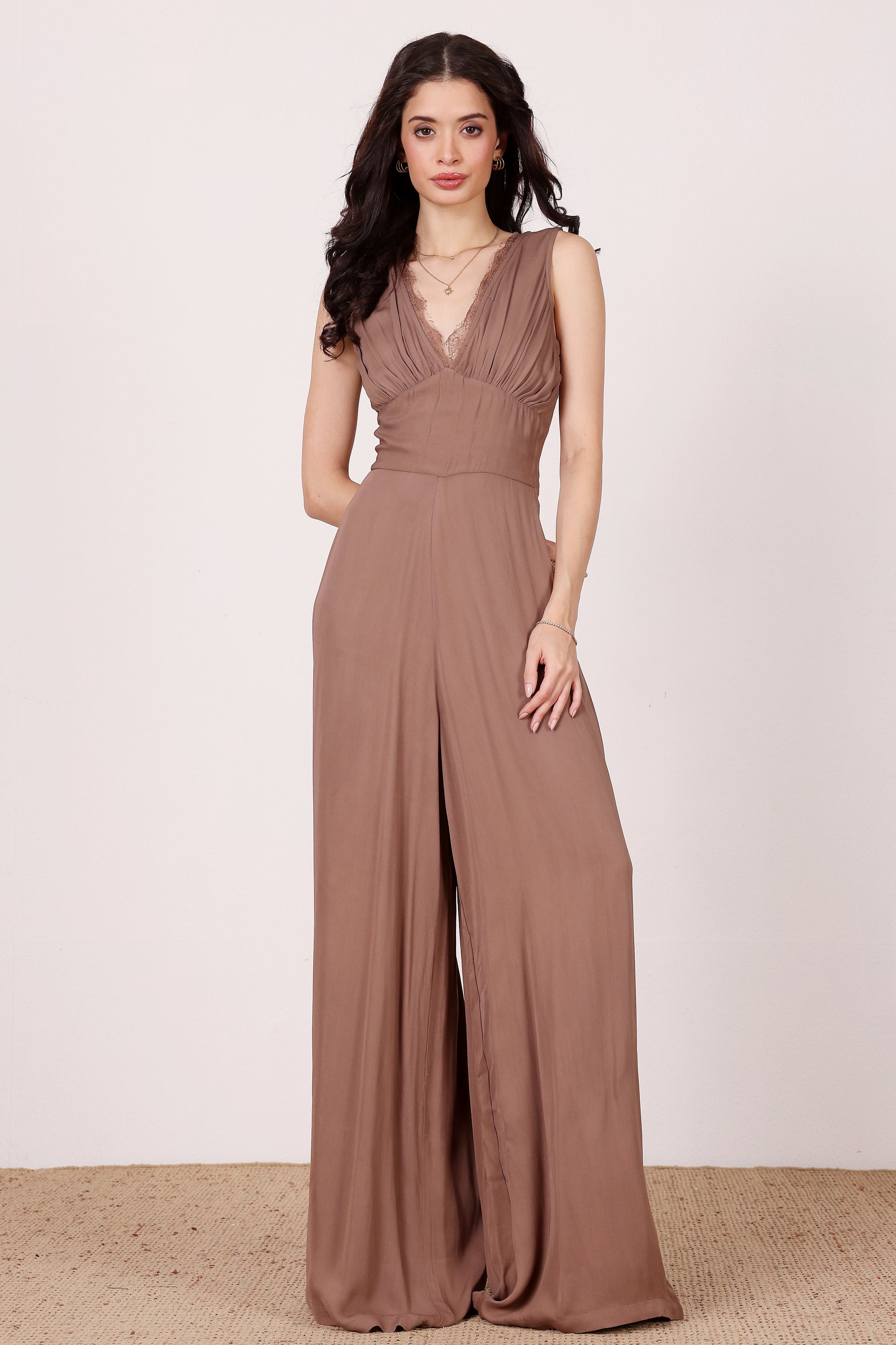 Ronnie Jumpsuit in Taupe with Lace Detail