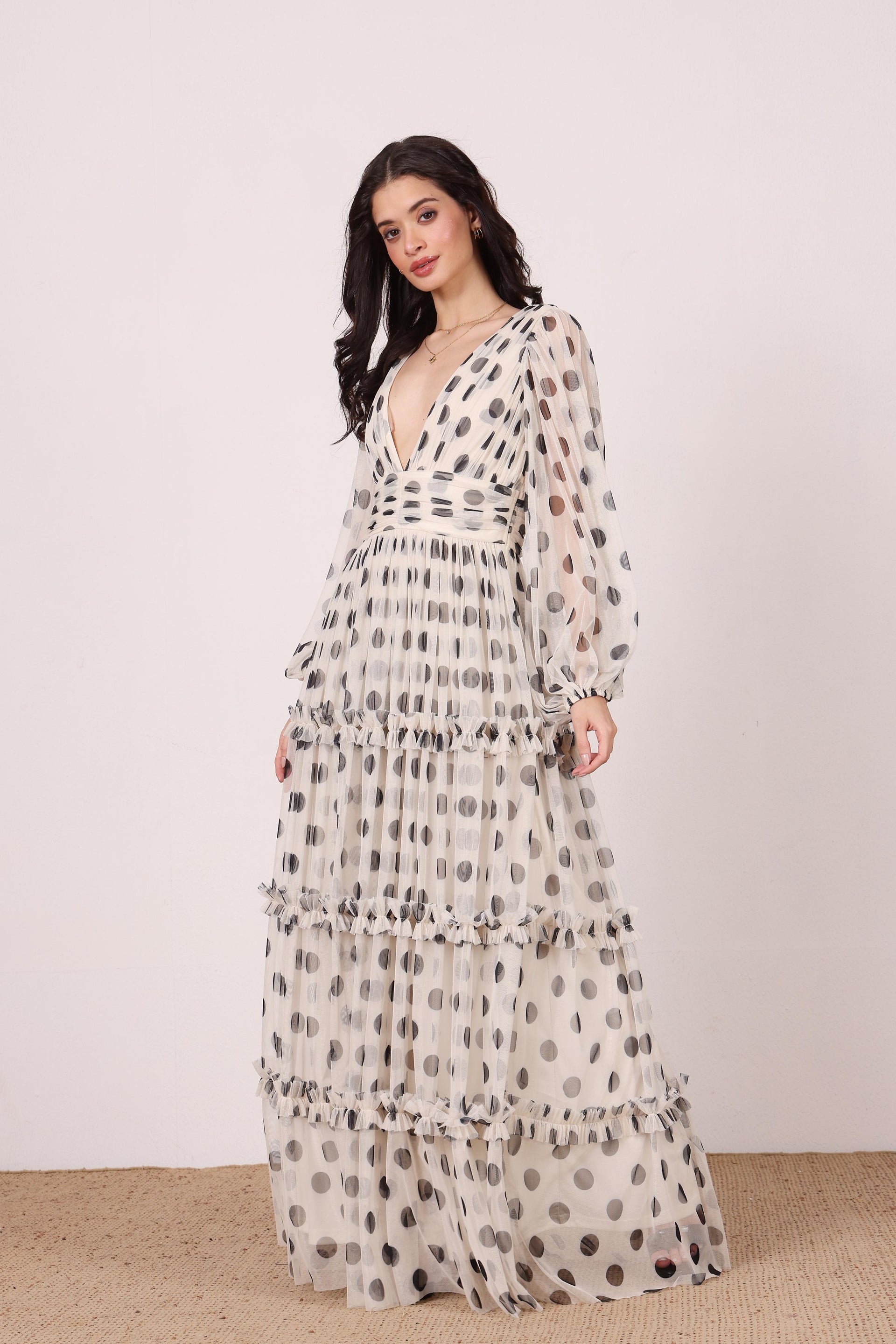 Lydia Maxi Dress in Cream and Black Polka Dot