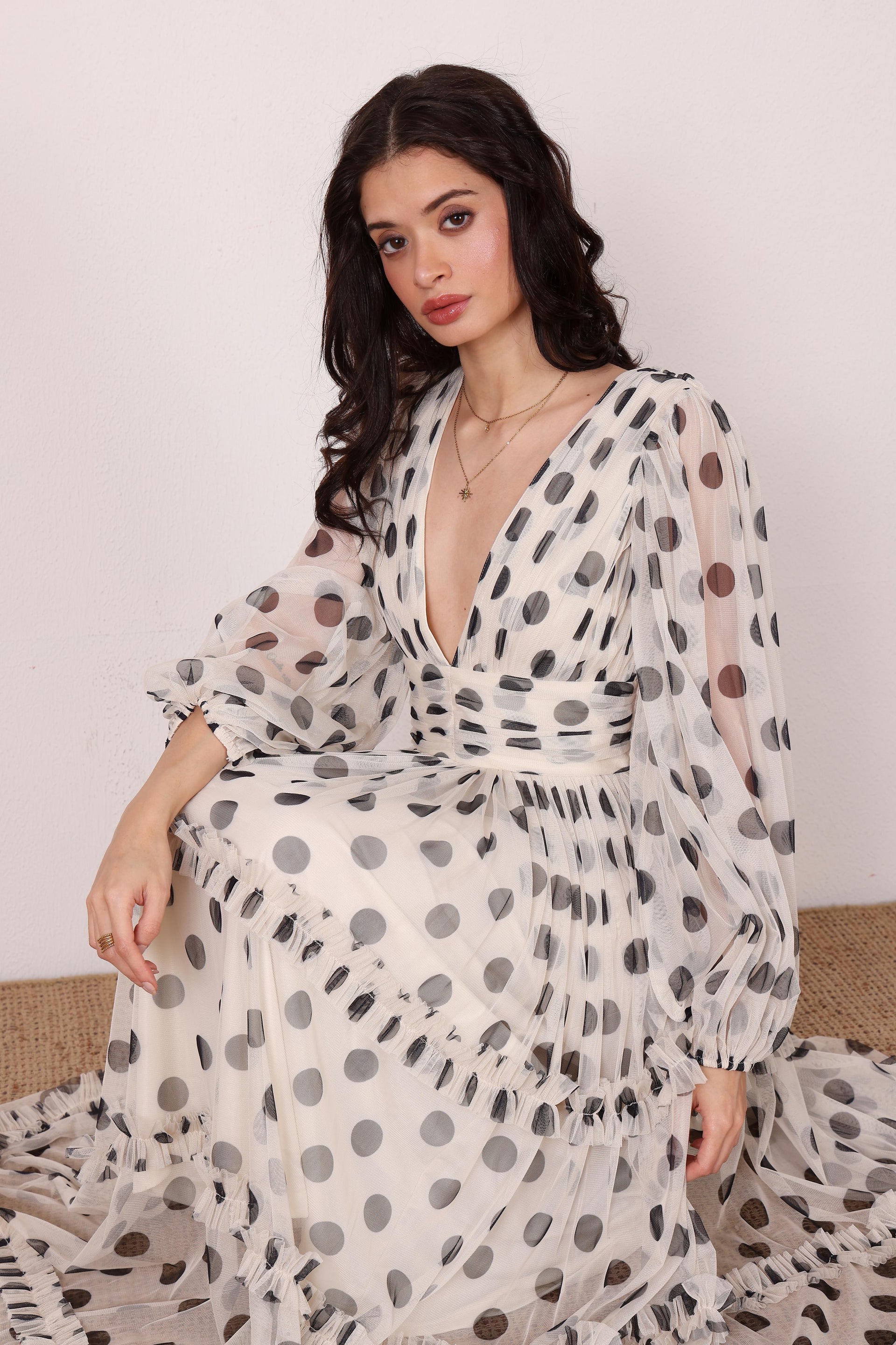 Long sleeve mesh tulle cream white black polka dot v-neck a-line maxi dress
