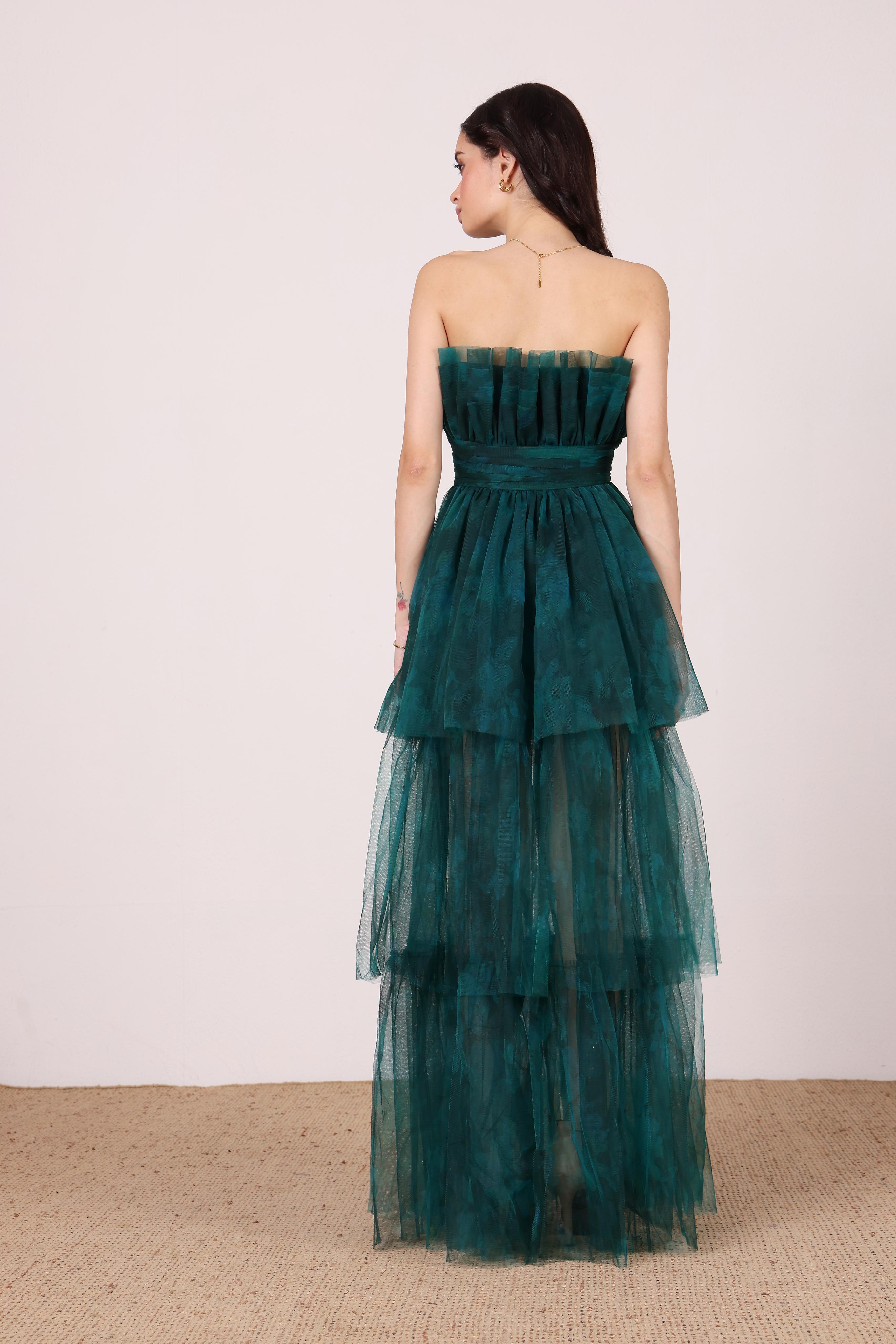 Natalia Tulle Maxi Dress in Jade Green Floral