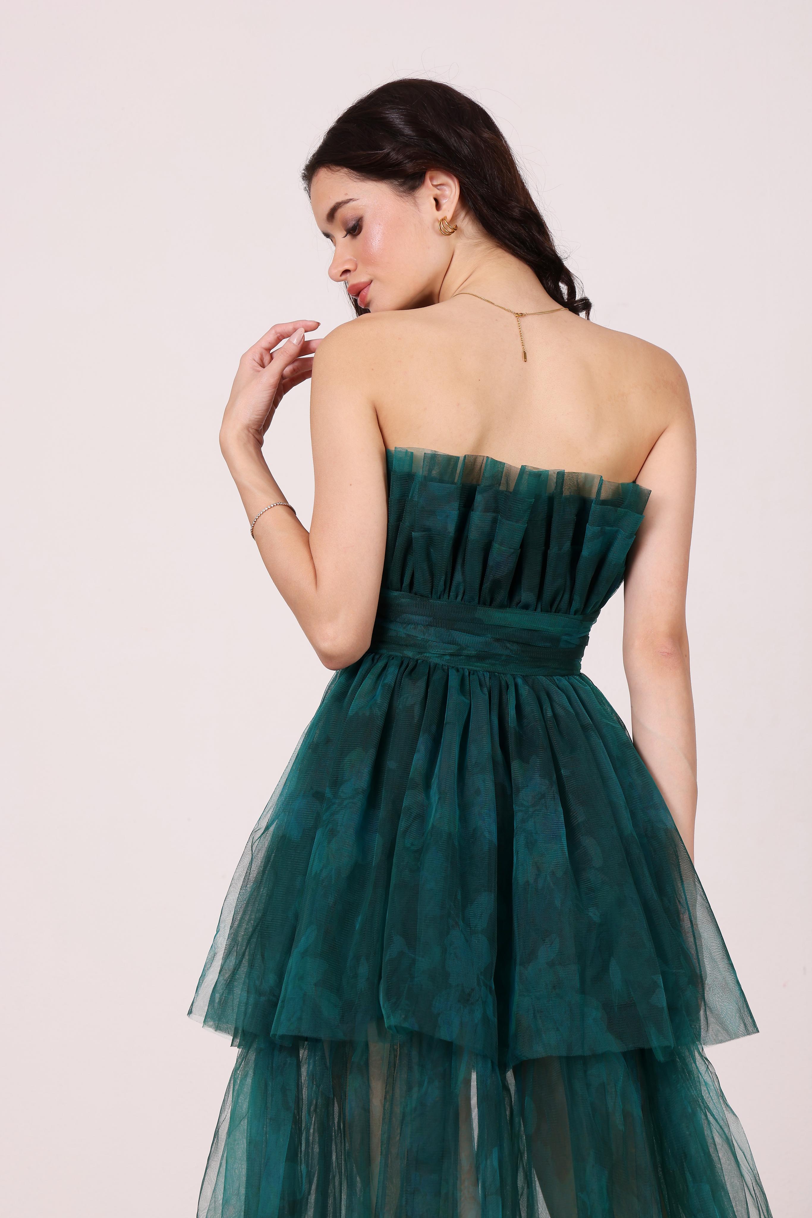 Natalia Tulle Maxi Dress in Jade Green Floral