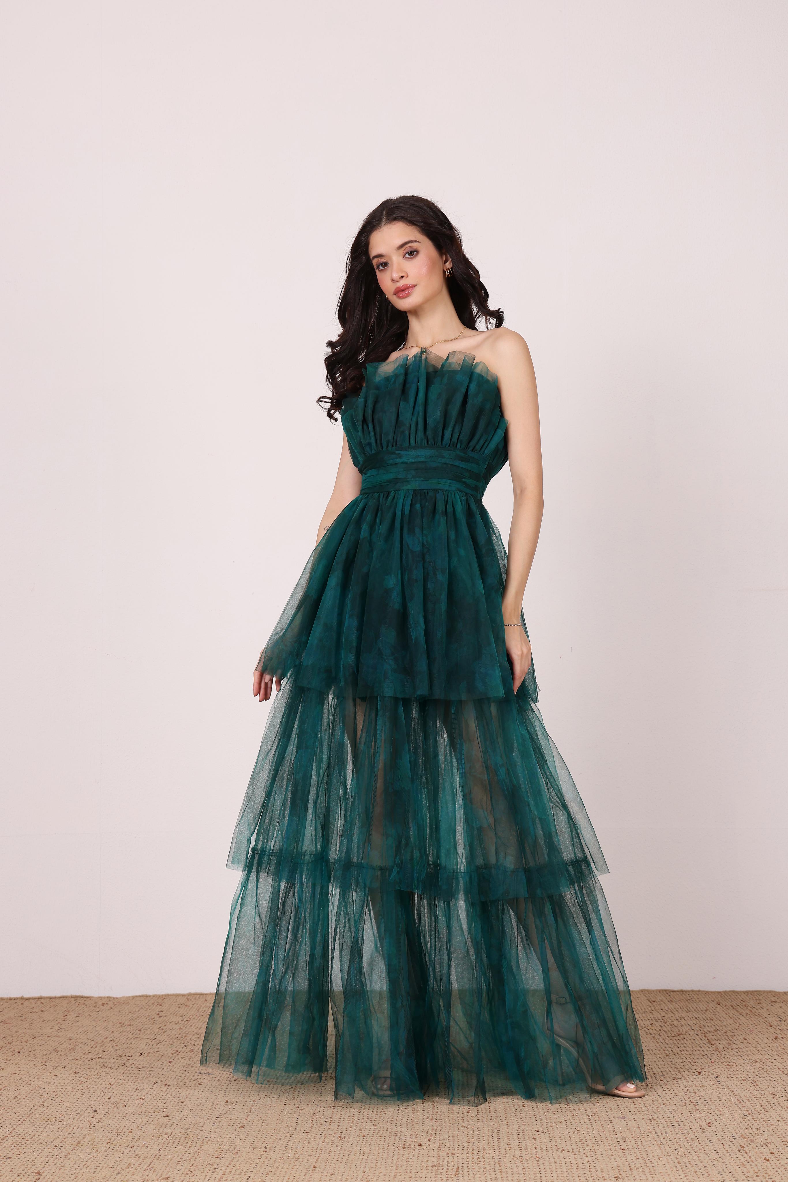 Natalia Tulle Maxi Dress in Jade Green Floral
