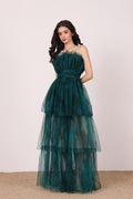 Tulle Mesh bandeau jade emerald green floral print dramatic princess strapless maxi dress formal evening