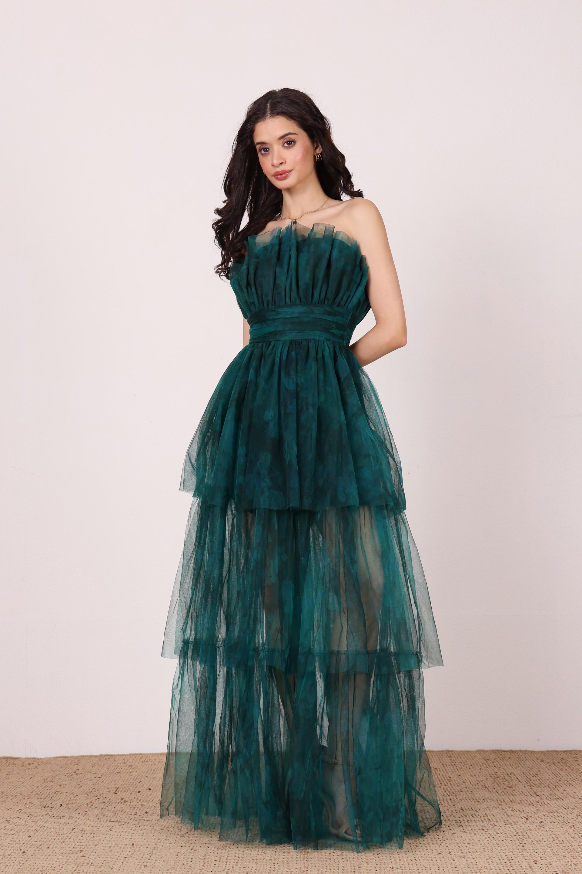 Tulle Mesh bandeau jade emerald green floral print dramatic princess strapless maxi dress formal evening