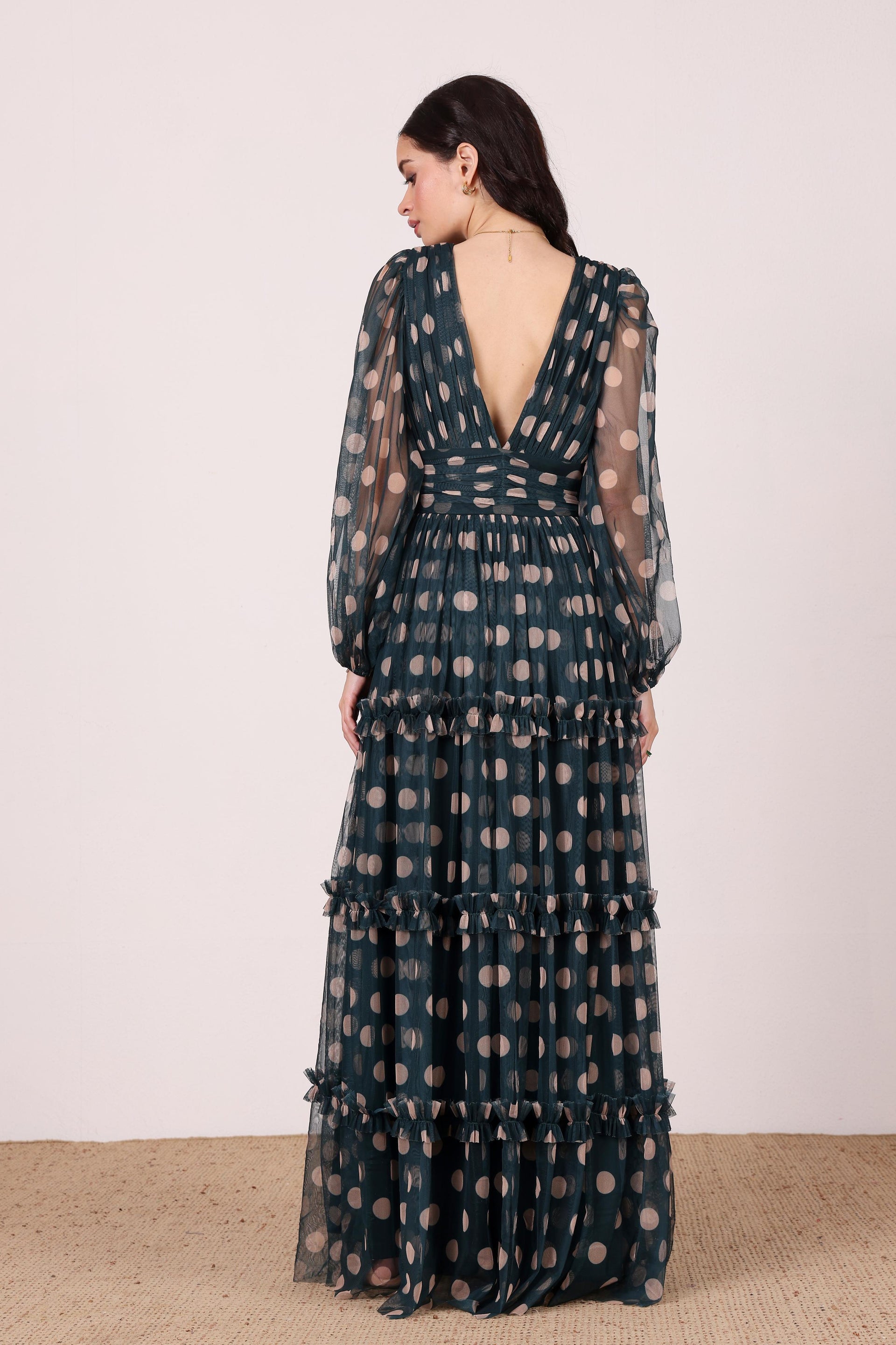 Lydia Maxi Dress in Emerald Green and Beige Polka Dot
