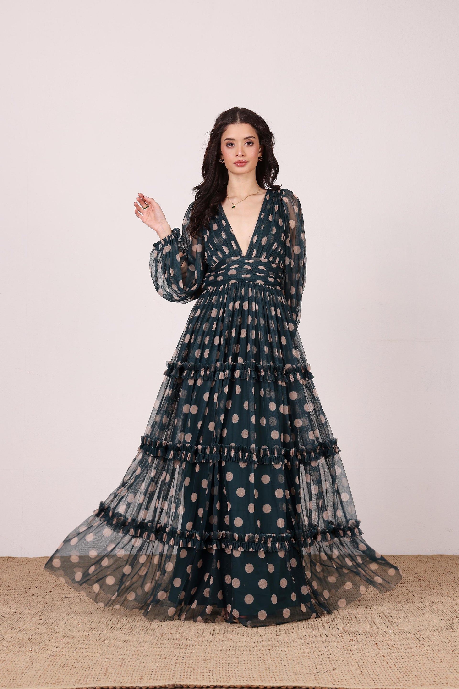 Lydia Maxi Dress in Emerald Green and Beige Polka Dot