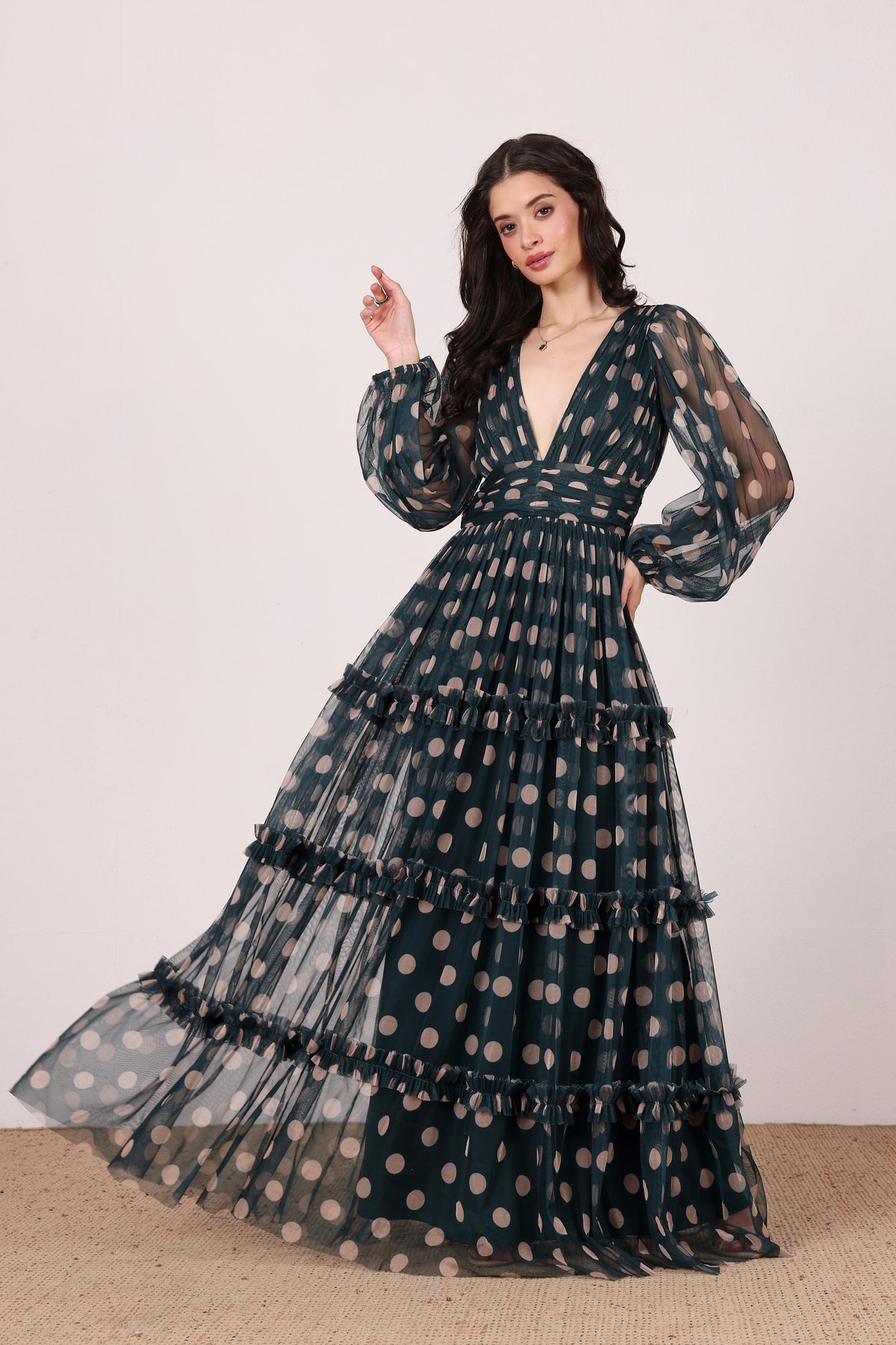 Lydia Maxi Dress in Emerald Green and Beige Polka Dot – Lace & Beads