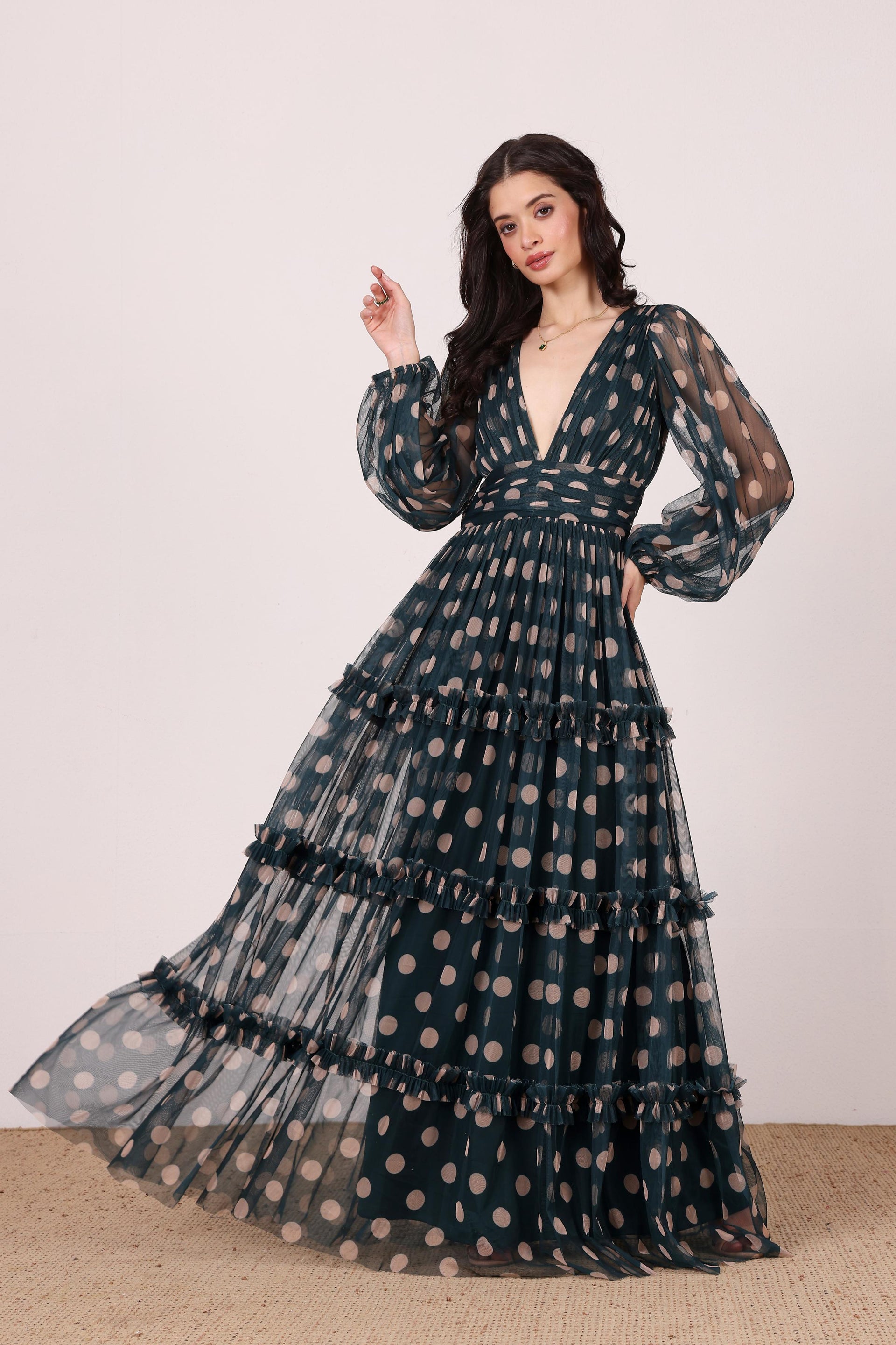 Long sleeve tulle mesh maxi dress emerald green beige polka dot v-neckline evening formal