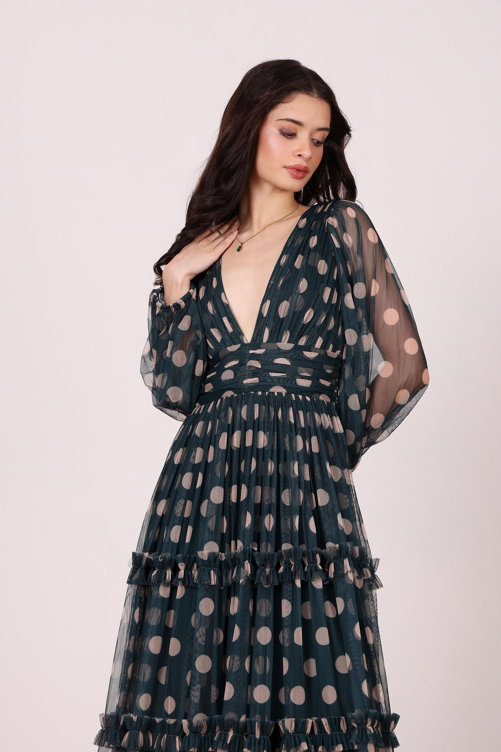 Lydia Maxi Dress in Emerald Green and Beige Polka Dot UK14 / Emerald Green and Beige Polka Dot