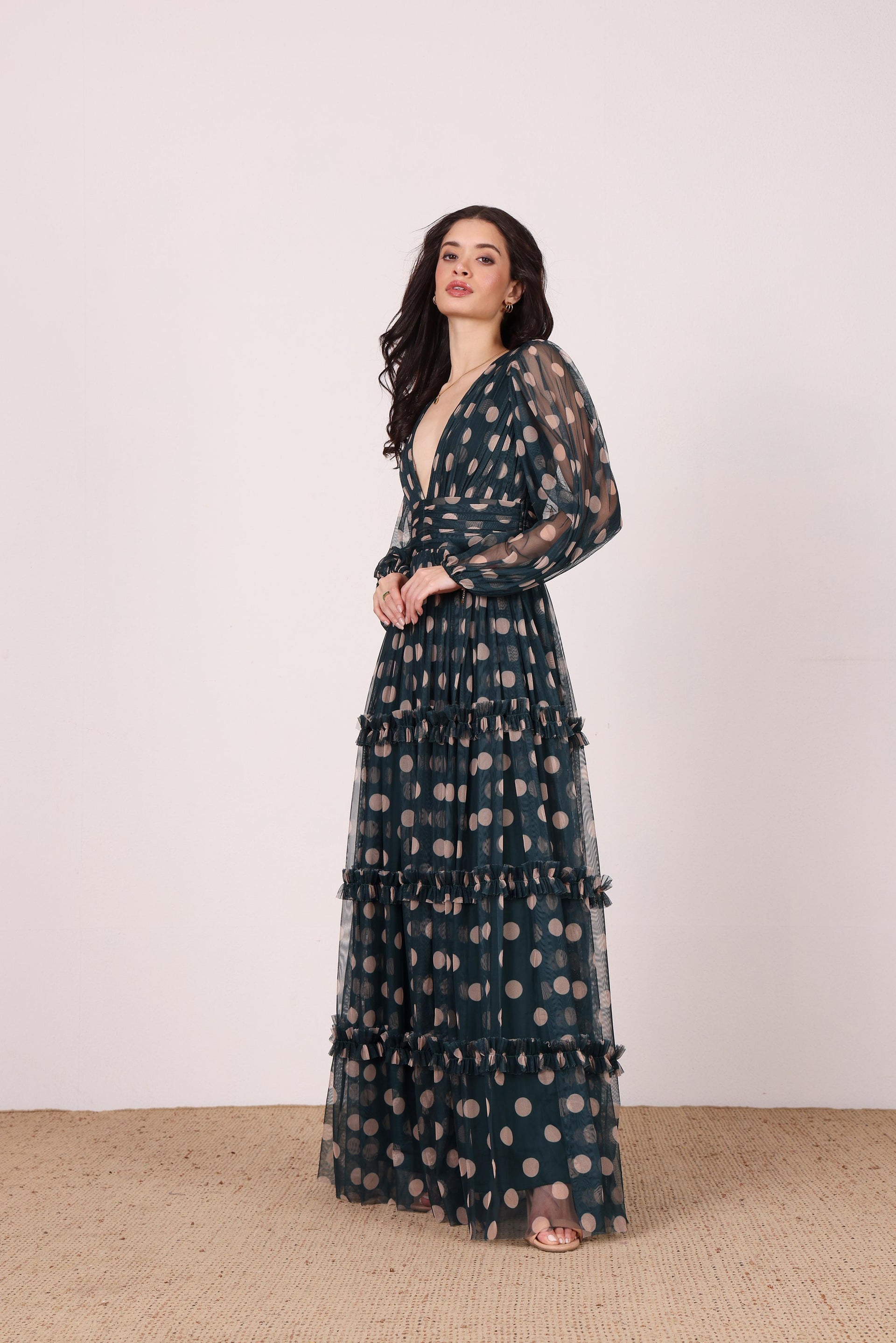 Lydia Maxi Dress in Emerald Green and Beige Polka Dot