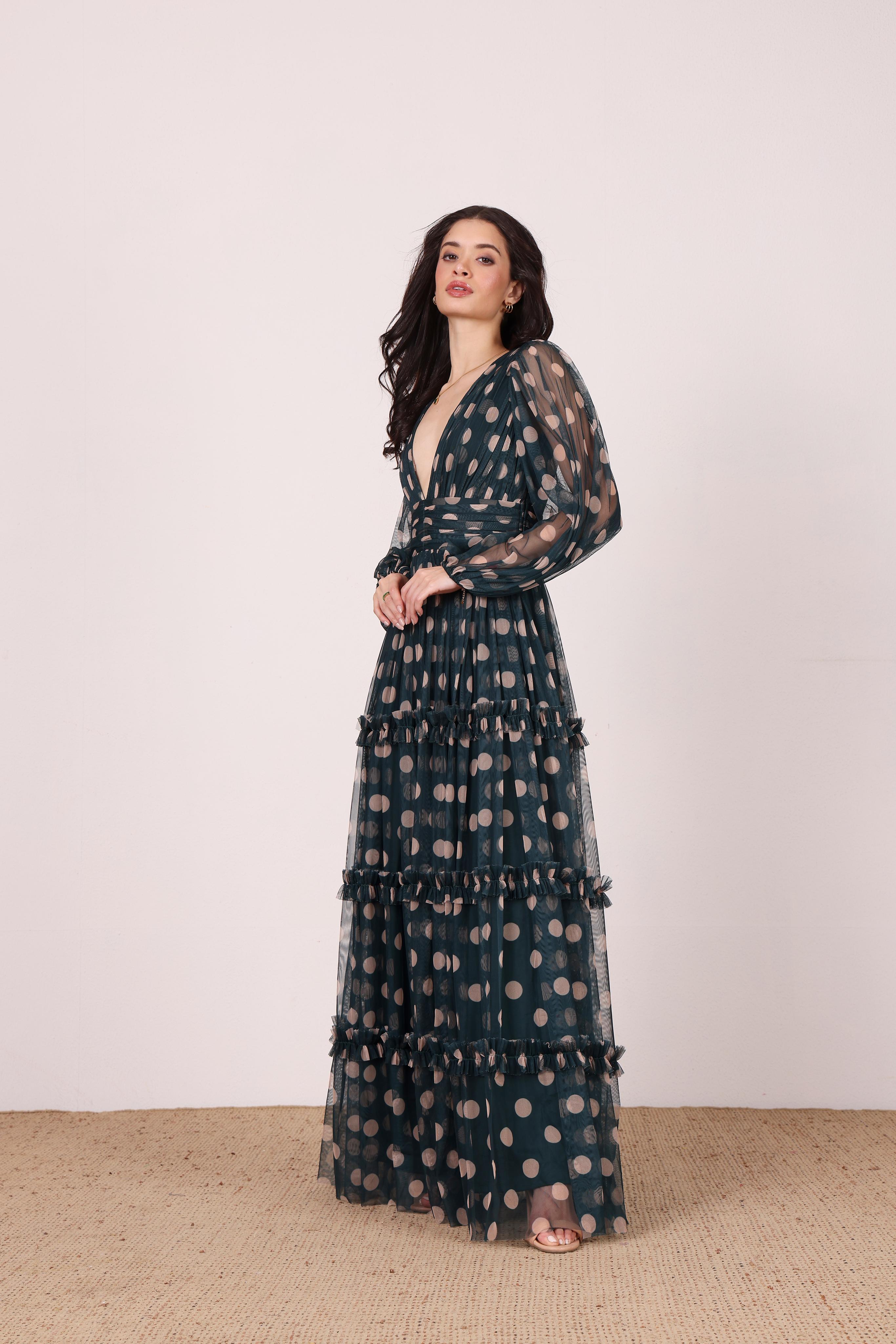 Lydia Maxi Dress in Emerald Green and Beige Polka Dot