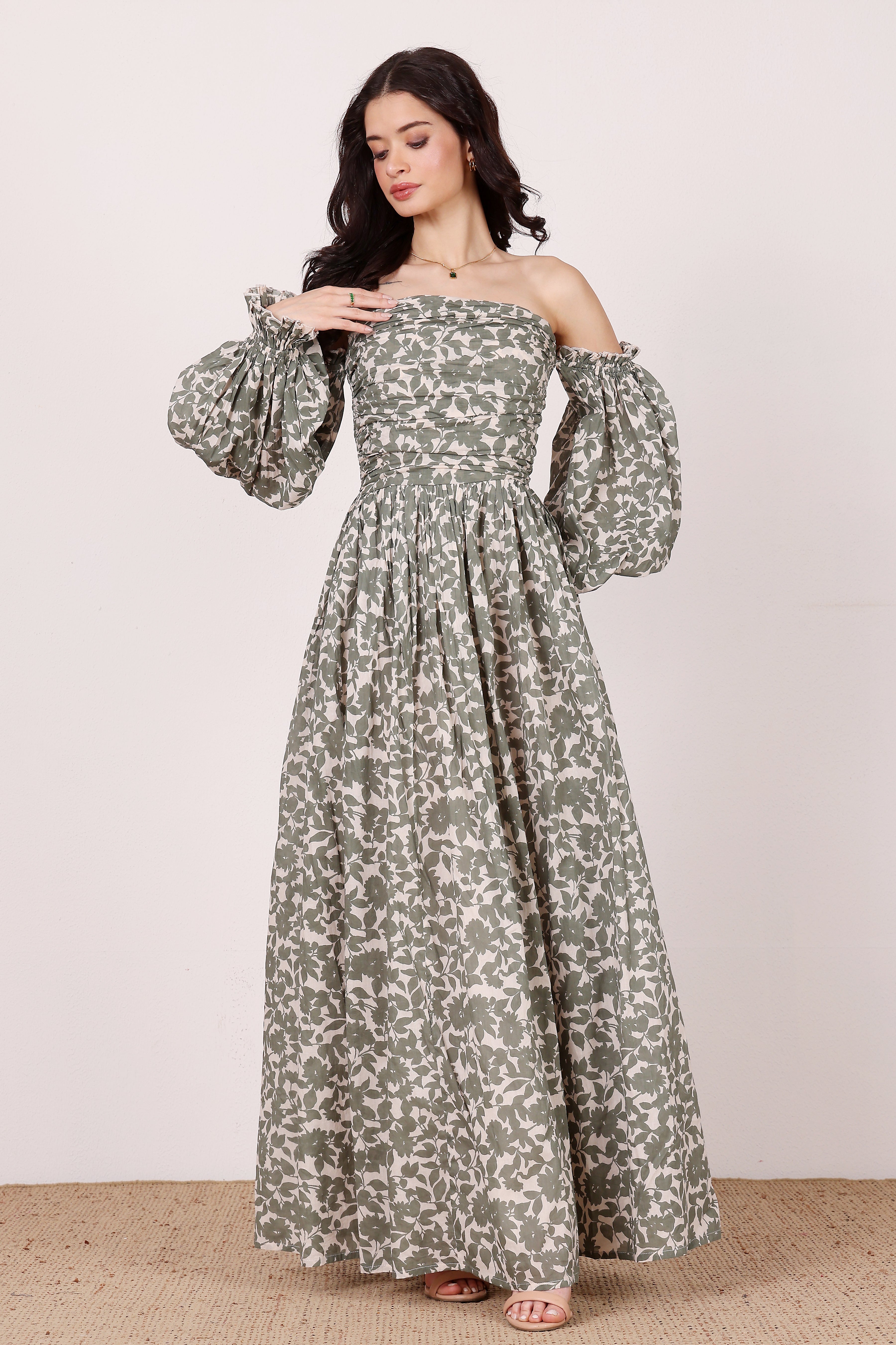Lana Cotton Maxi Dress in Green Leaf Print
