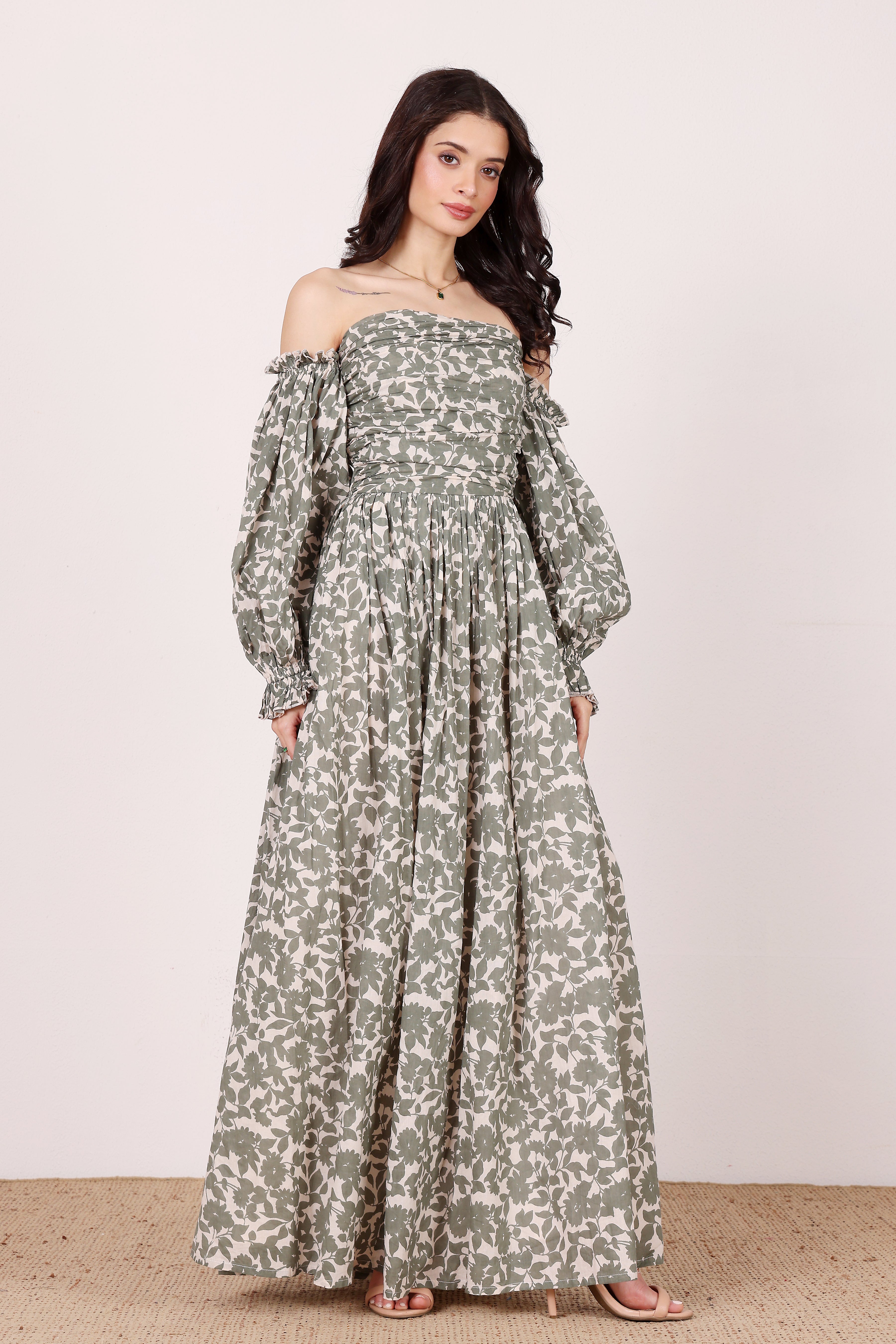 Lana Cotton Maxi Dress in Green Leaf Print