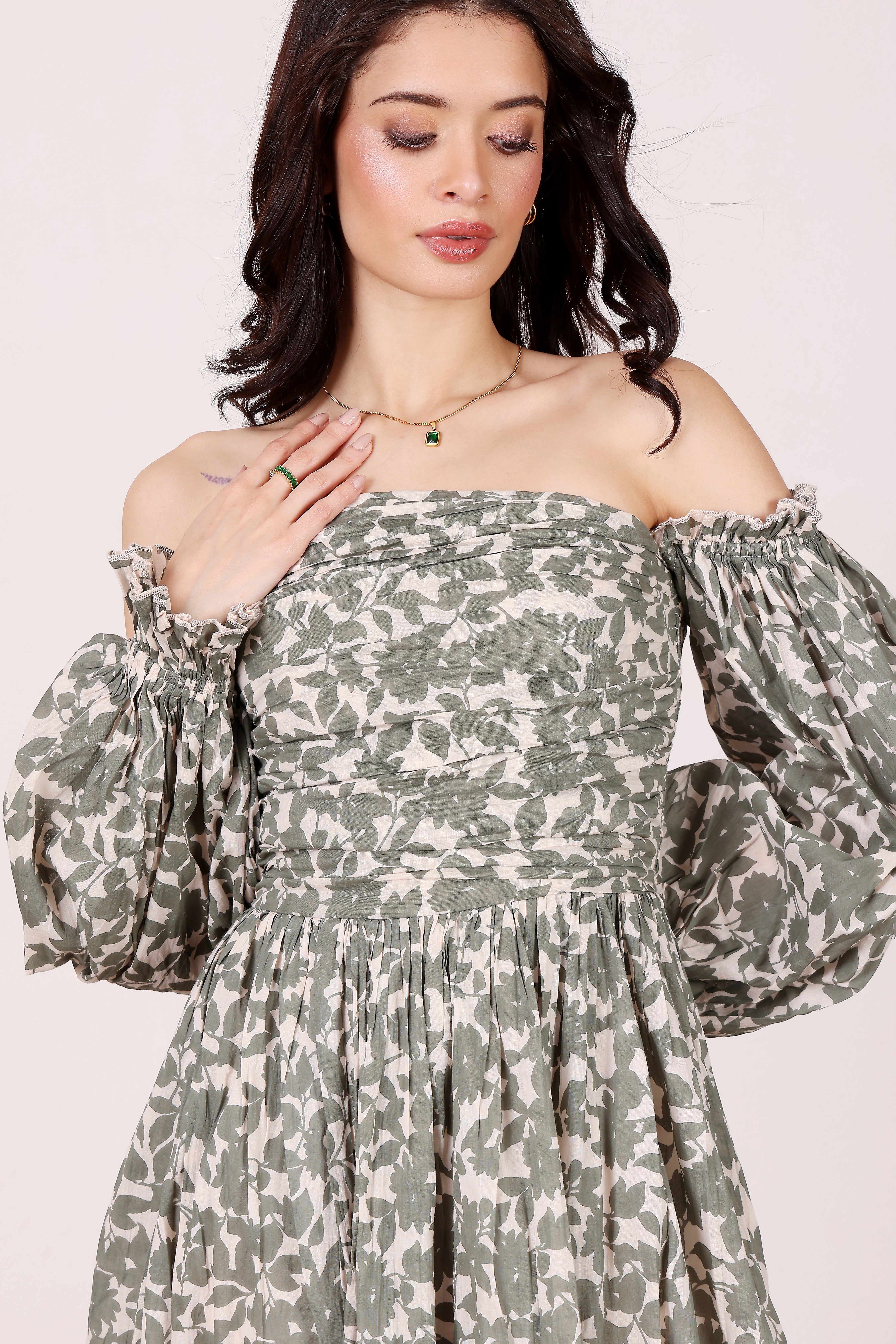 Lana Cotton Maxi Dress in Green Leaf Print