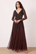 Embellished sequin beaded long sleeve plunging neckline chocolate brown formal maxi dress