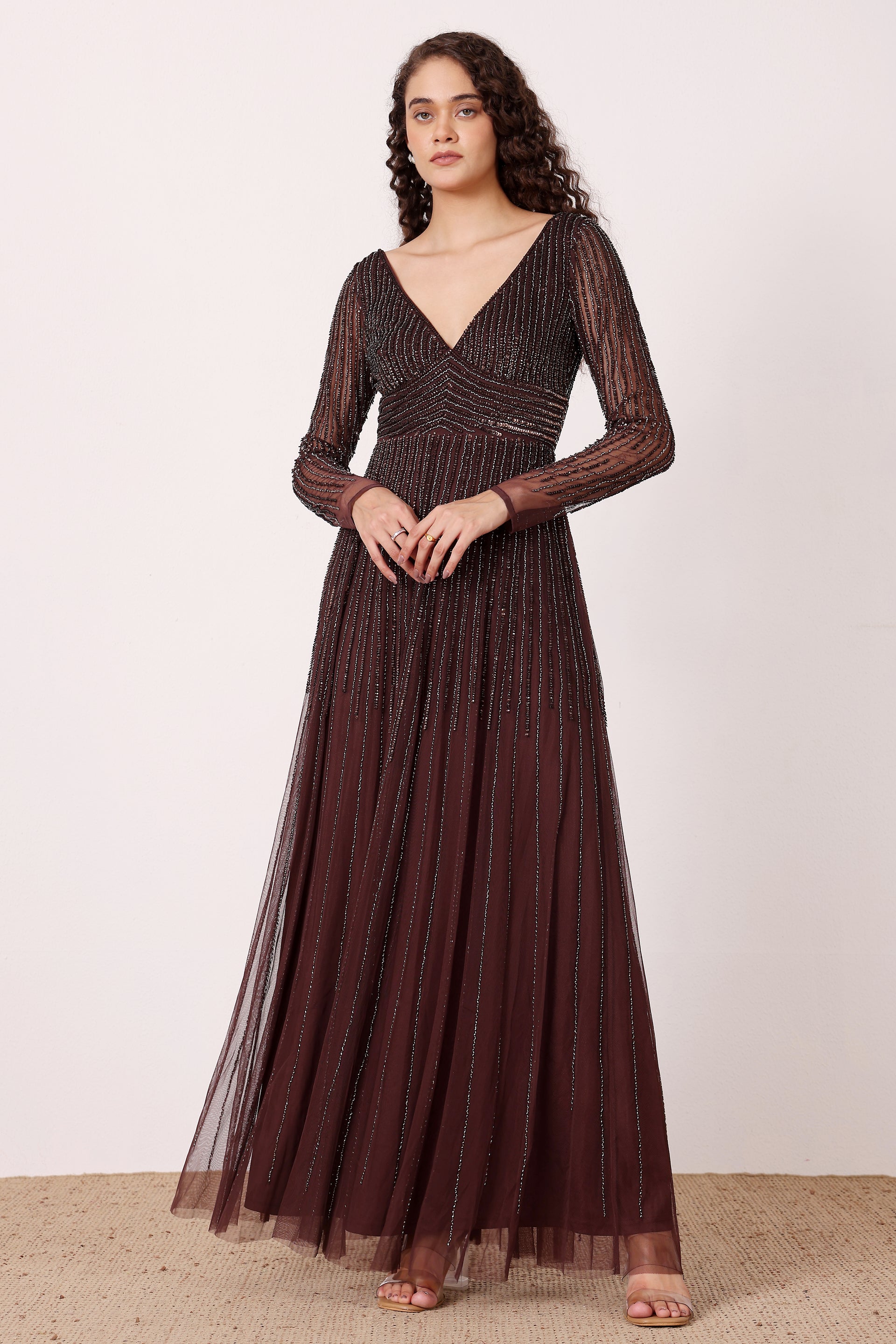 Embellished sequin beaded long sleeve plunging neckline chocolate brown formal maxi dress