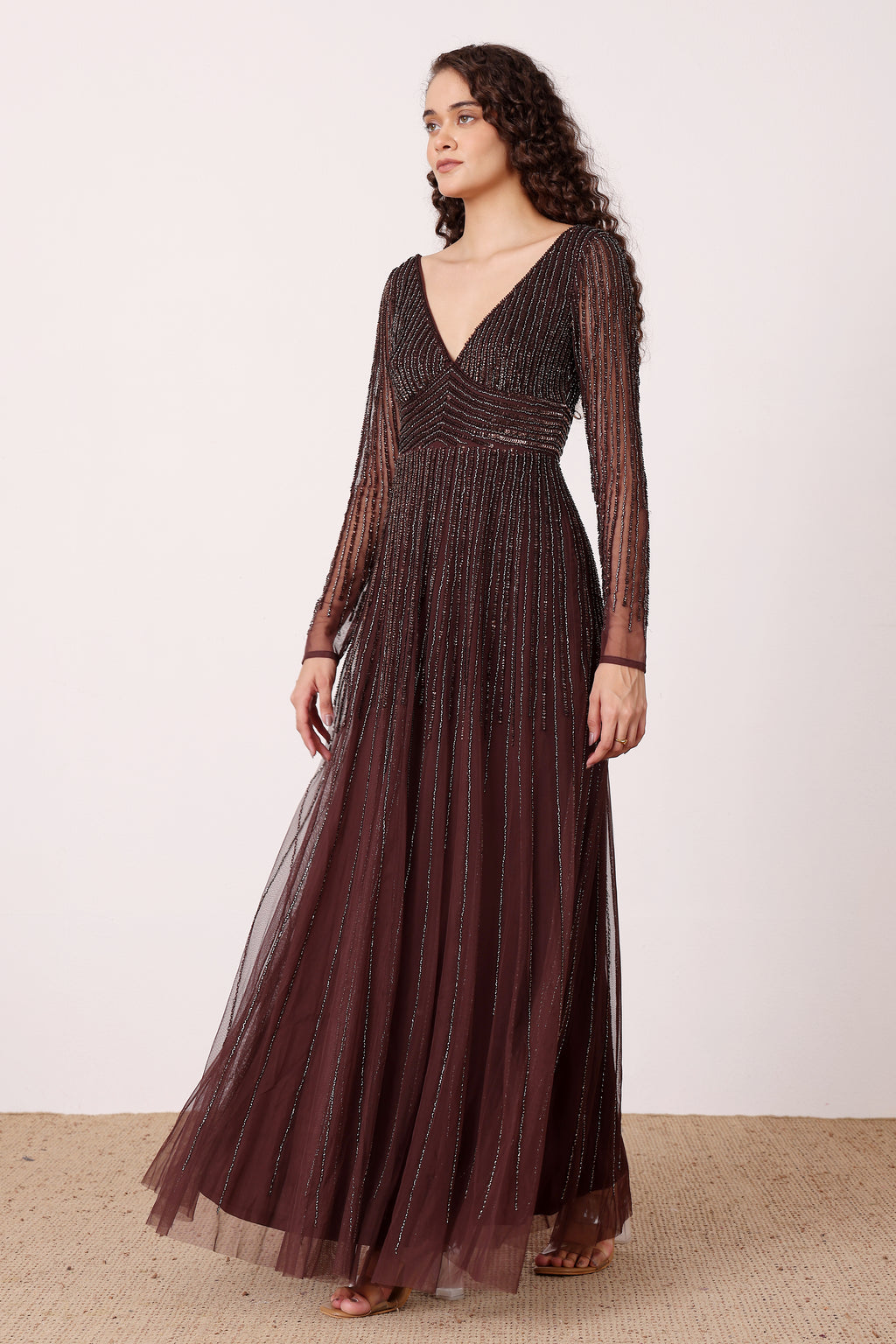 Laura Embellished Maxi Dress in Coffee Brown