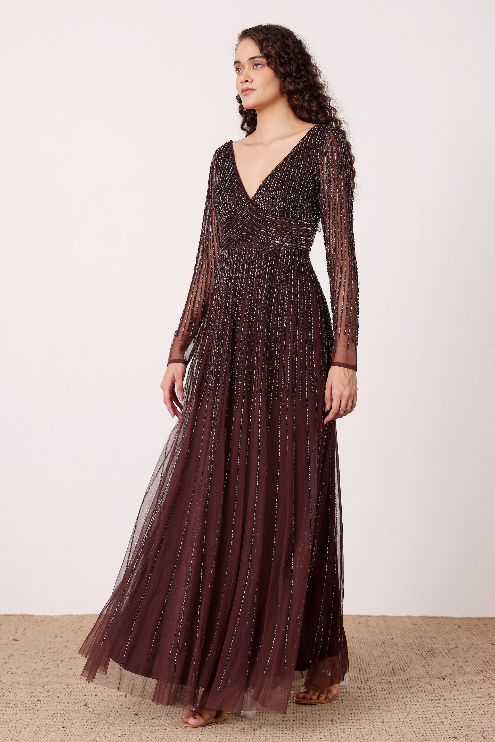 Laura Embellished Maxi Dress in Coffee Brown