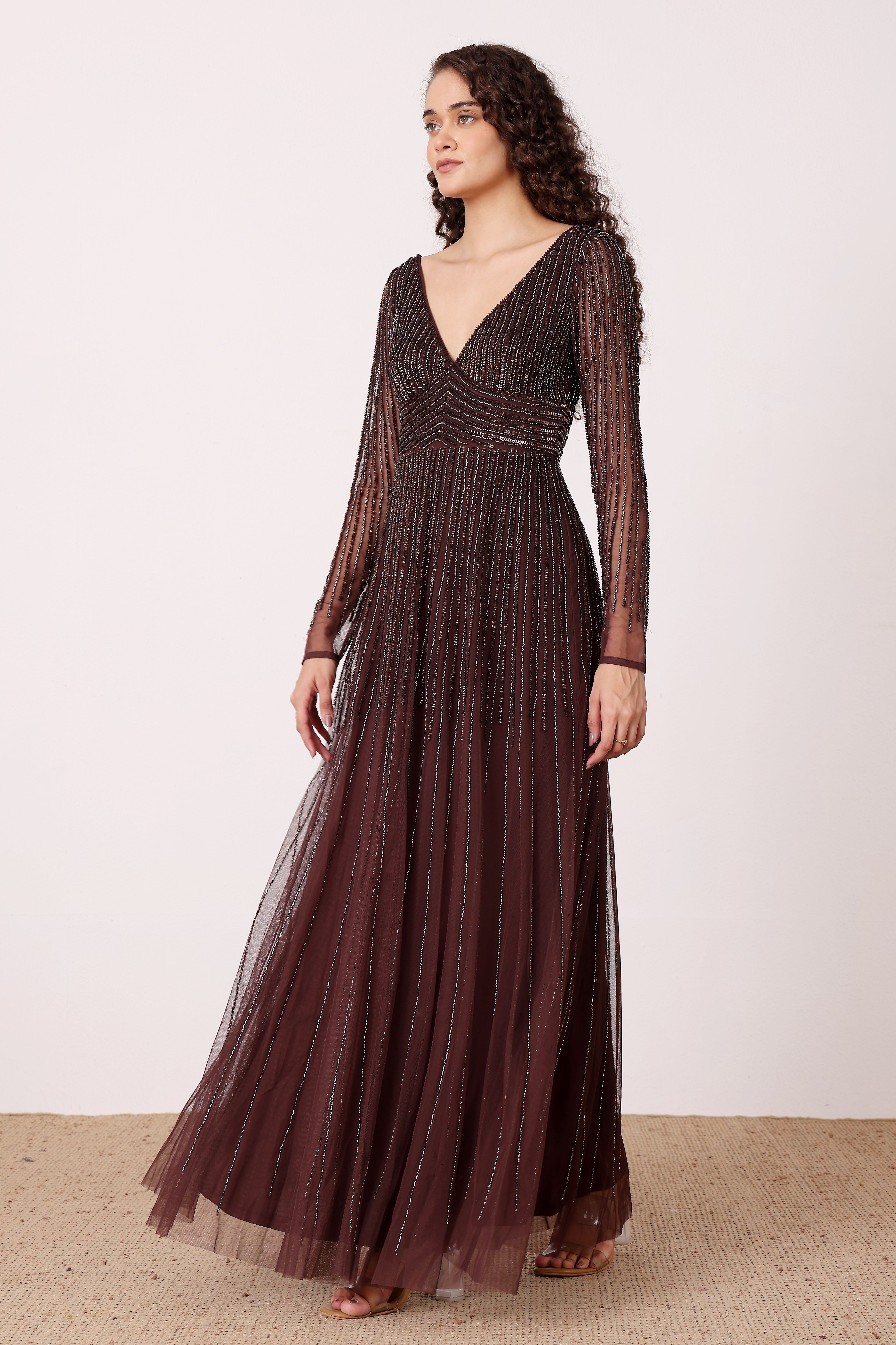 Laura Embellished Maxi Dress in Coffee Brown