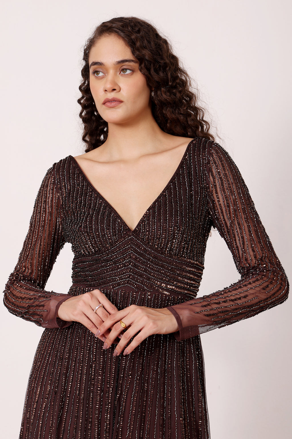 Laura Embellished Maxi Dress in Coffee Brown