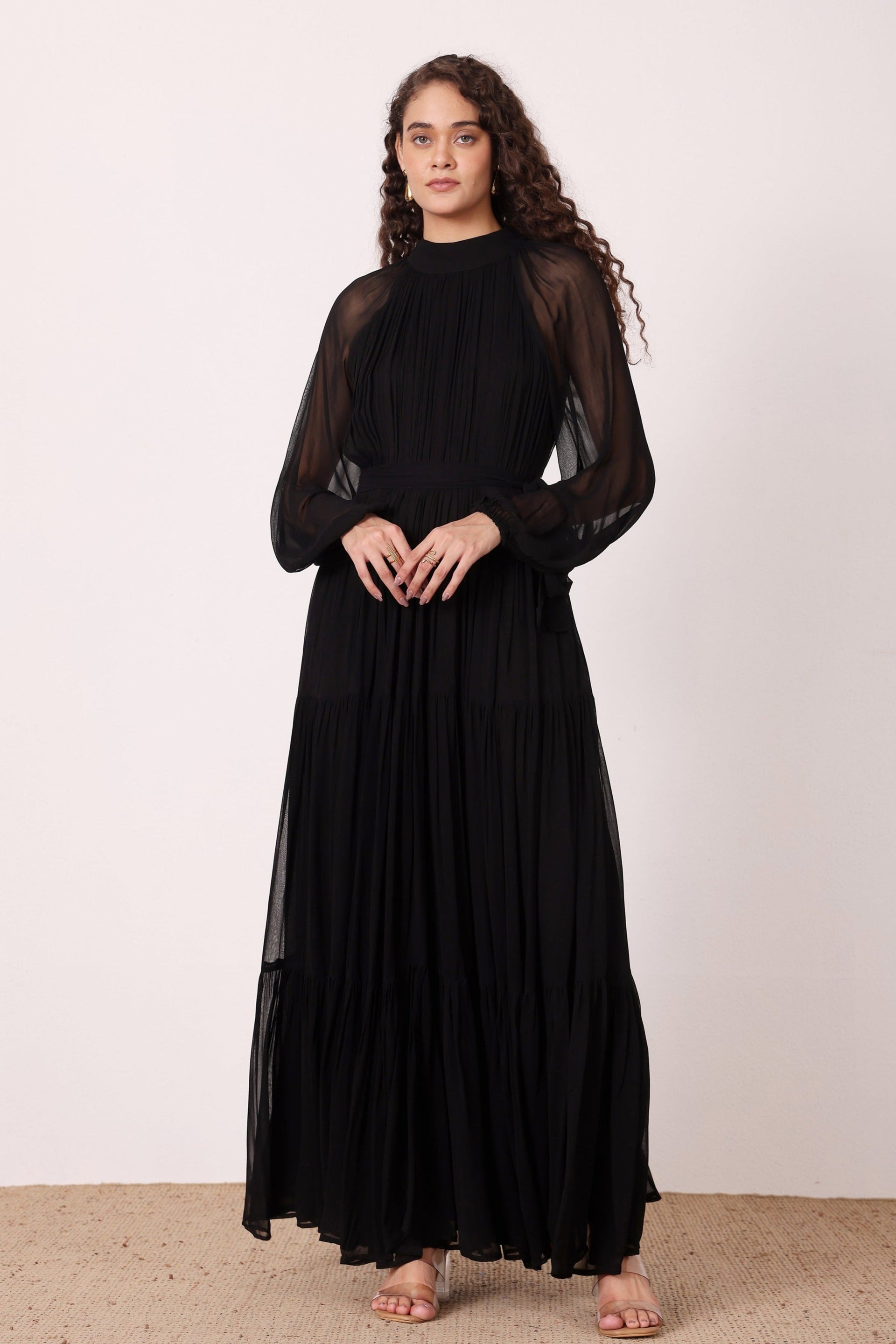 Long Sleeve viscose georgette maxi dress black modest 