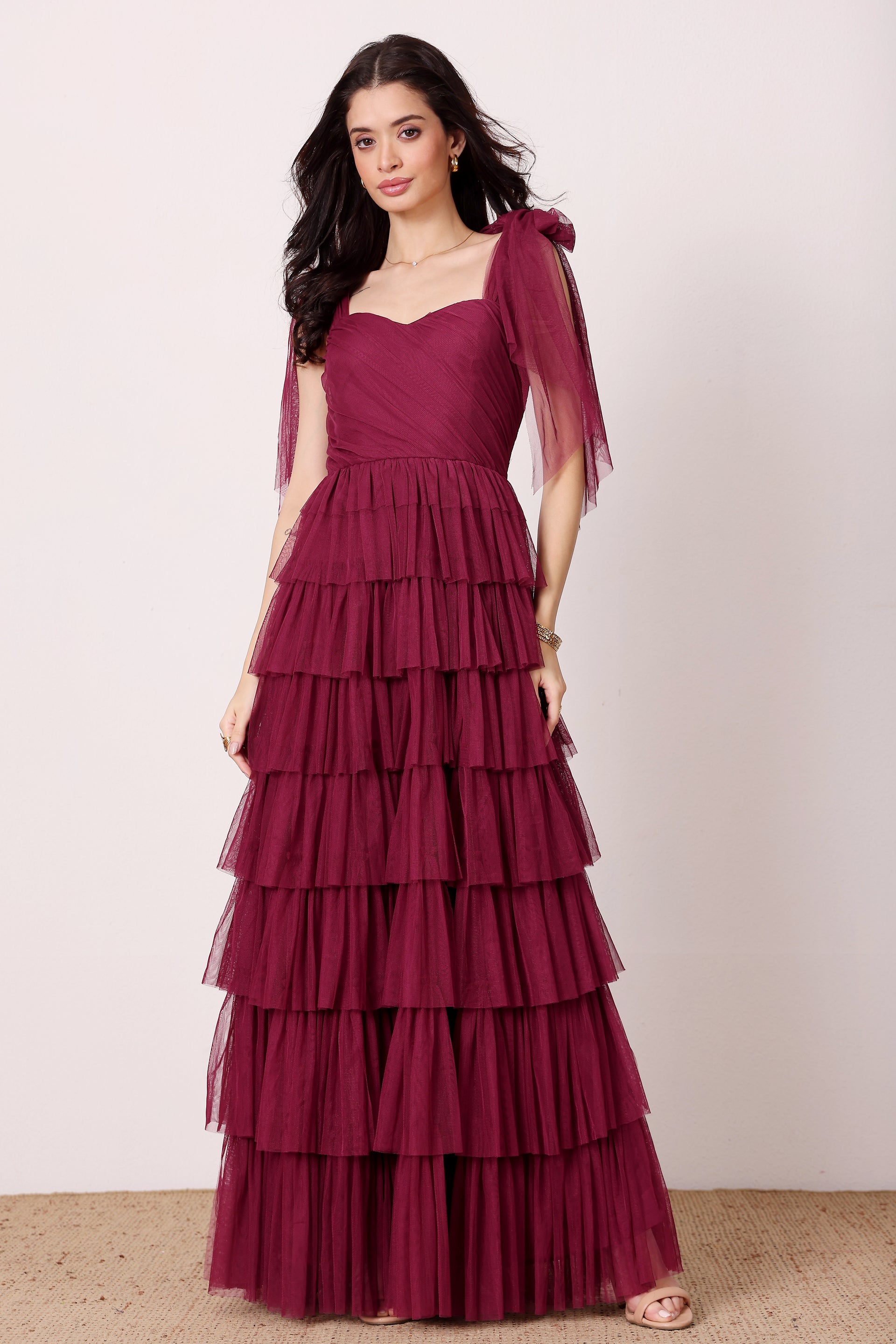 Ophelia Tulle Maxi Dress with Tie Detail in Fig