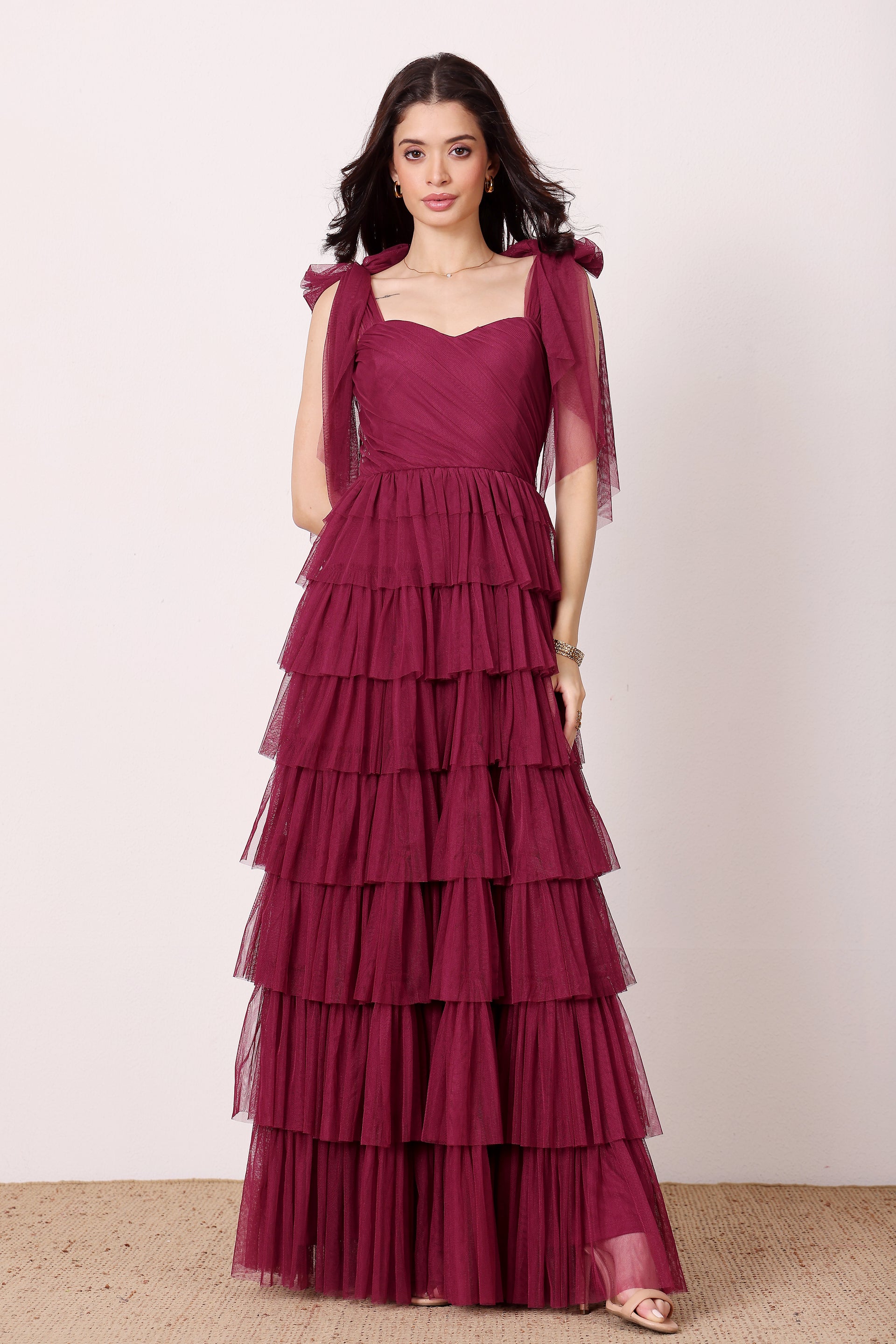 Ophelia Tulle Maxi Dress with Tie Detail in Fig