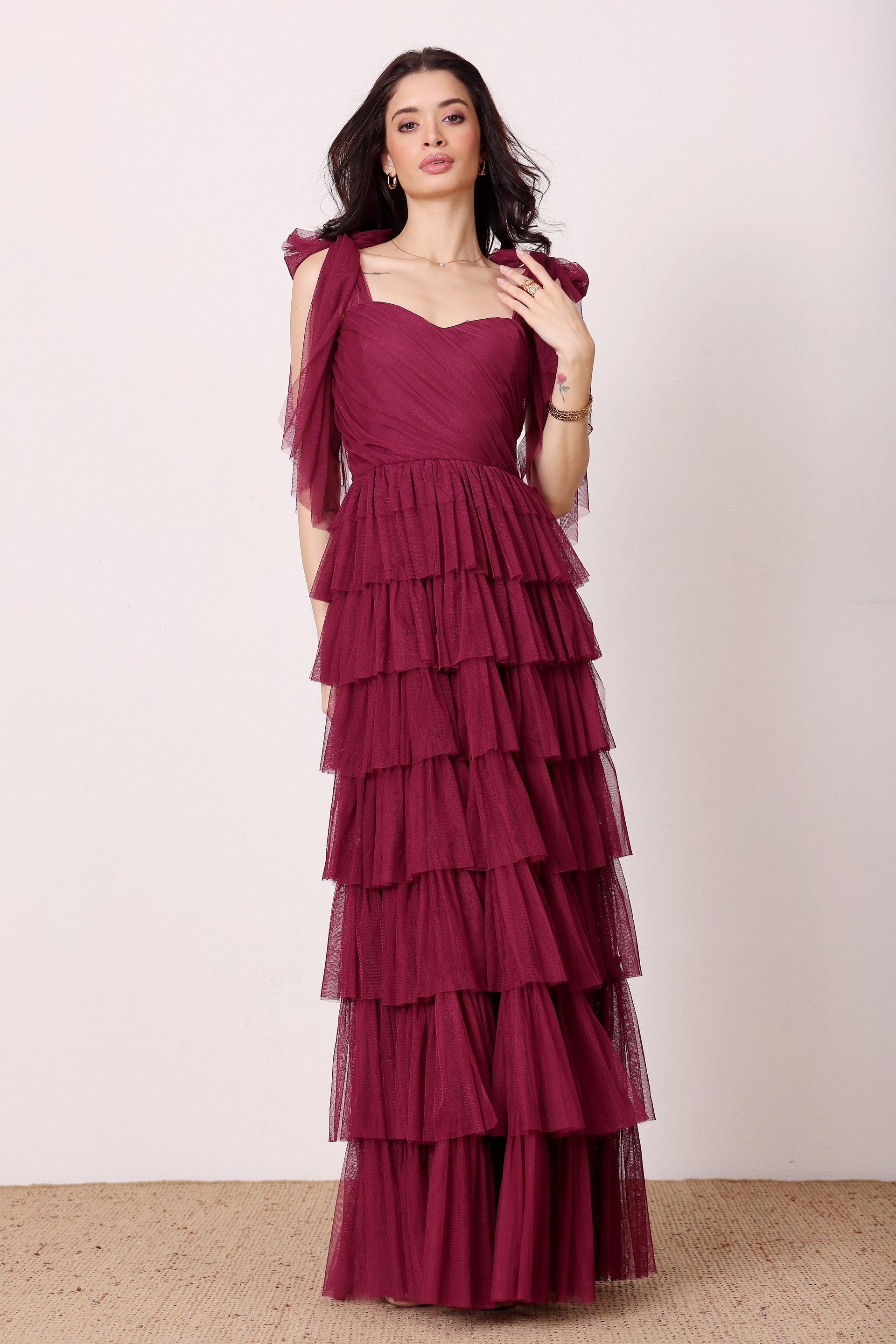 Ophelia Tulle Maxi Dress with Tie Detail in Fig