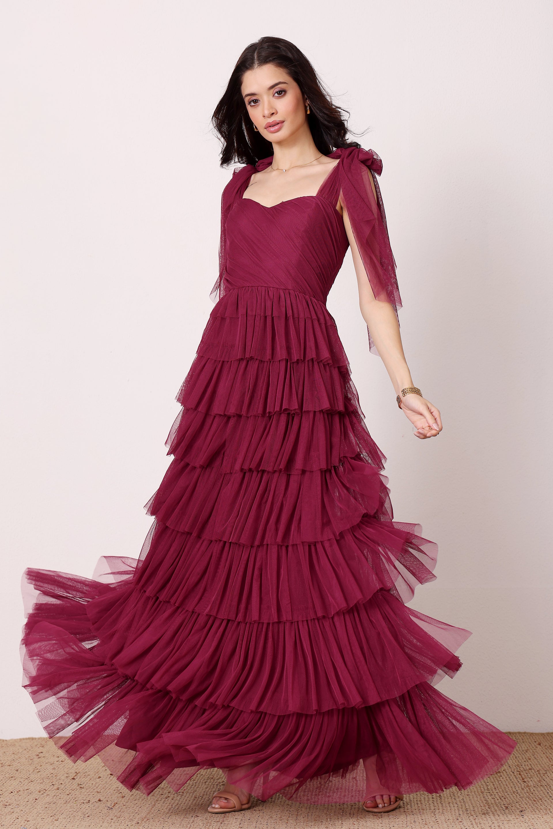 Ophelia Tulle Maxi Dress with Tie Detail in Fig
