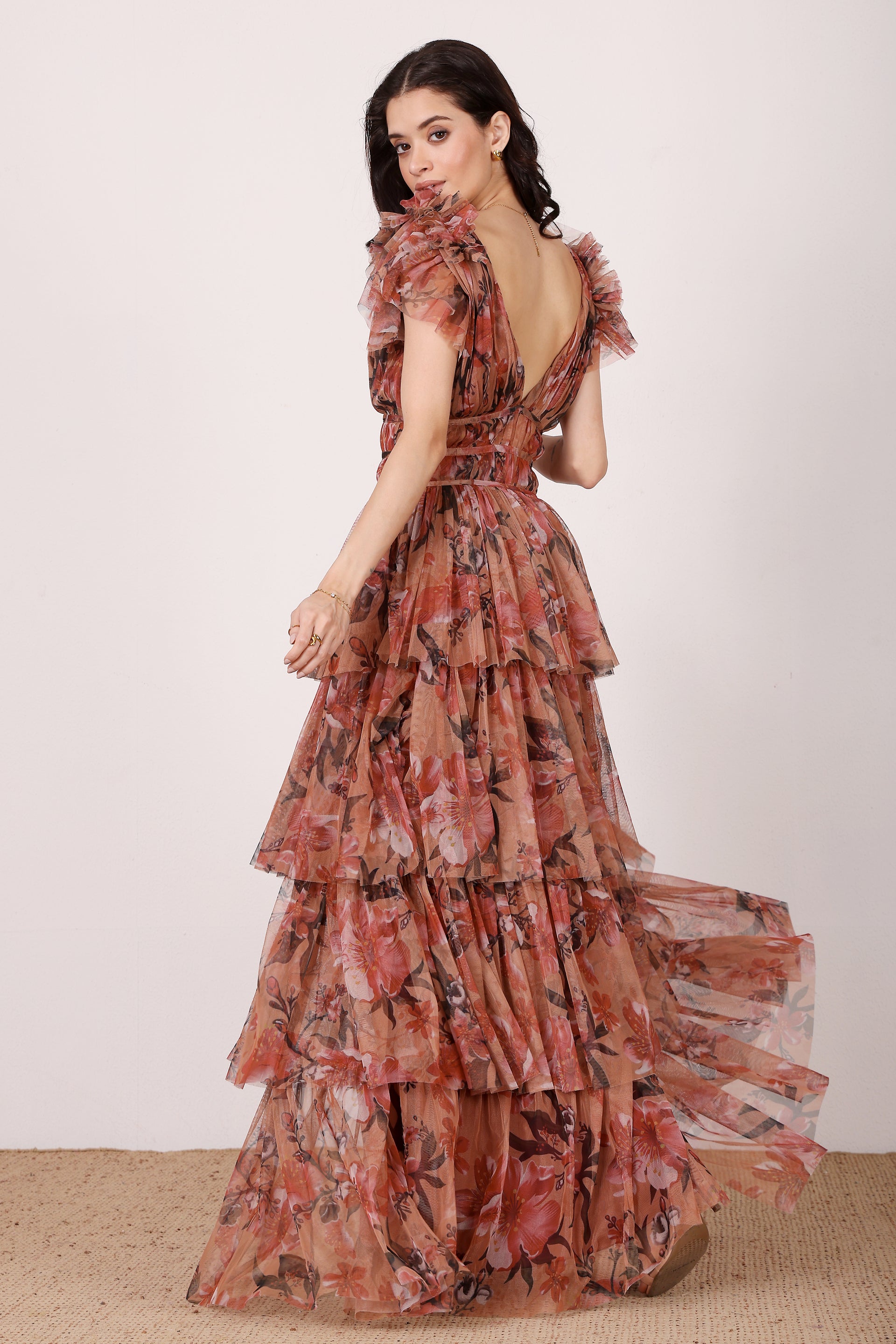 Naomi Tulle Maxi Dress in Red Rose Floral