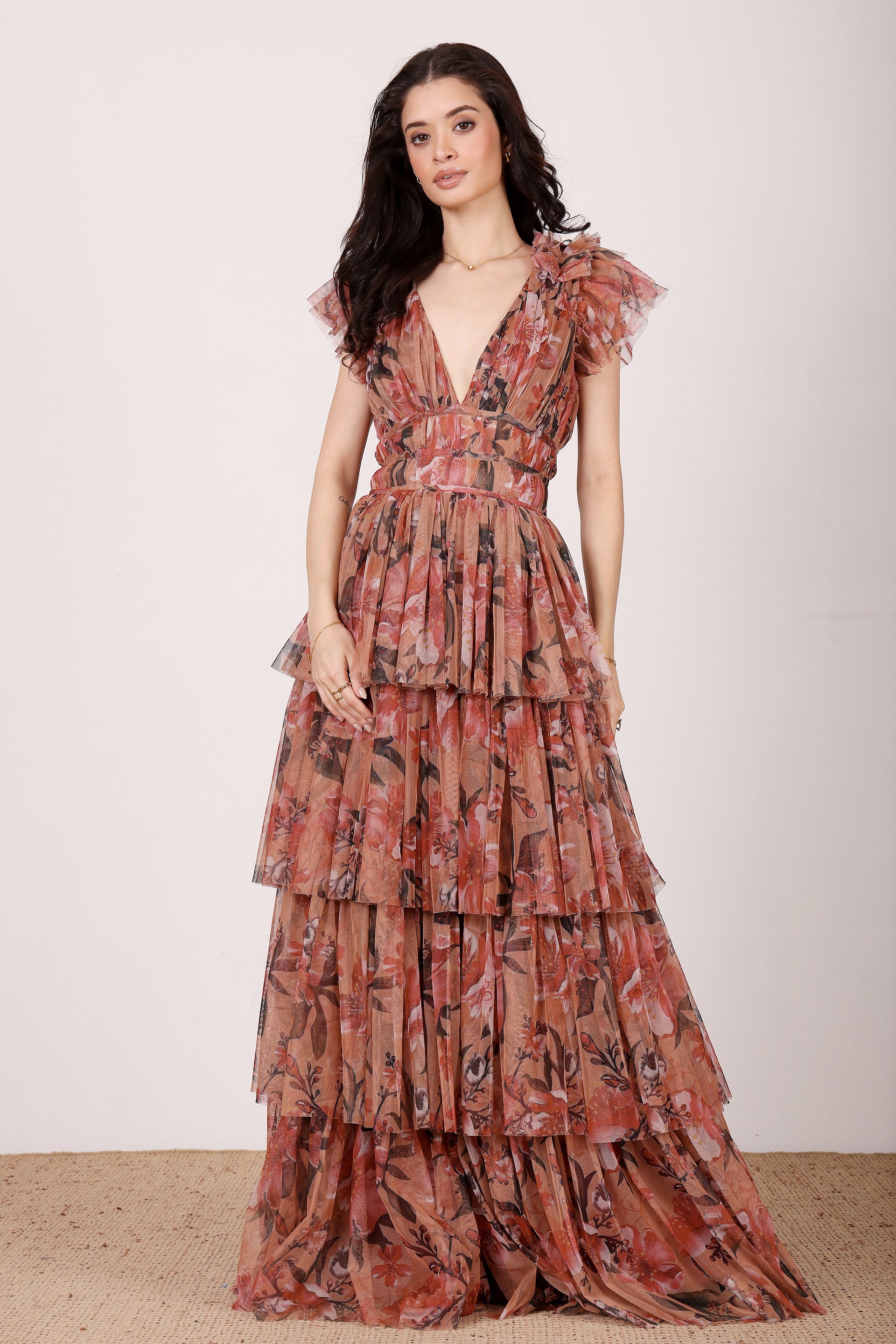 Ruffle shoulder deep v-neckline tiered skirt red orange floral tulle mesh maxi dress
