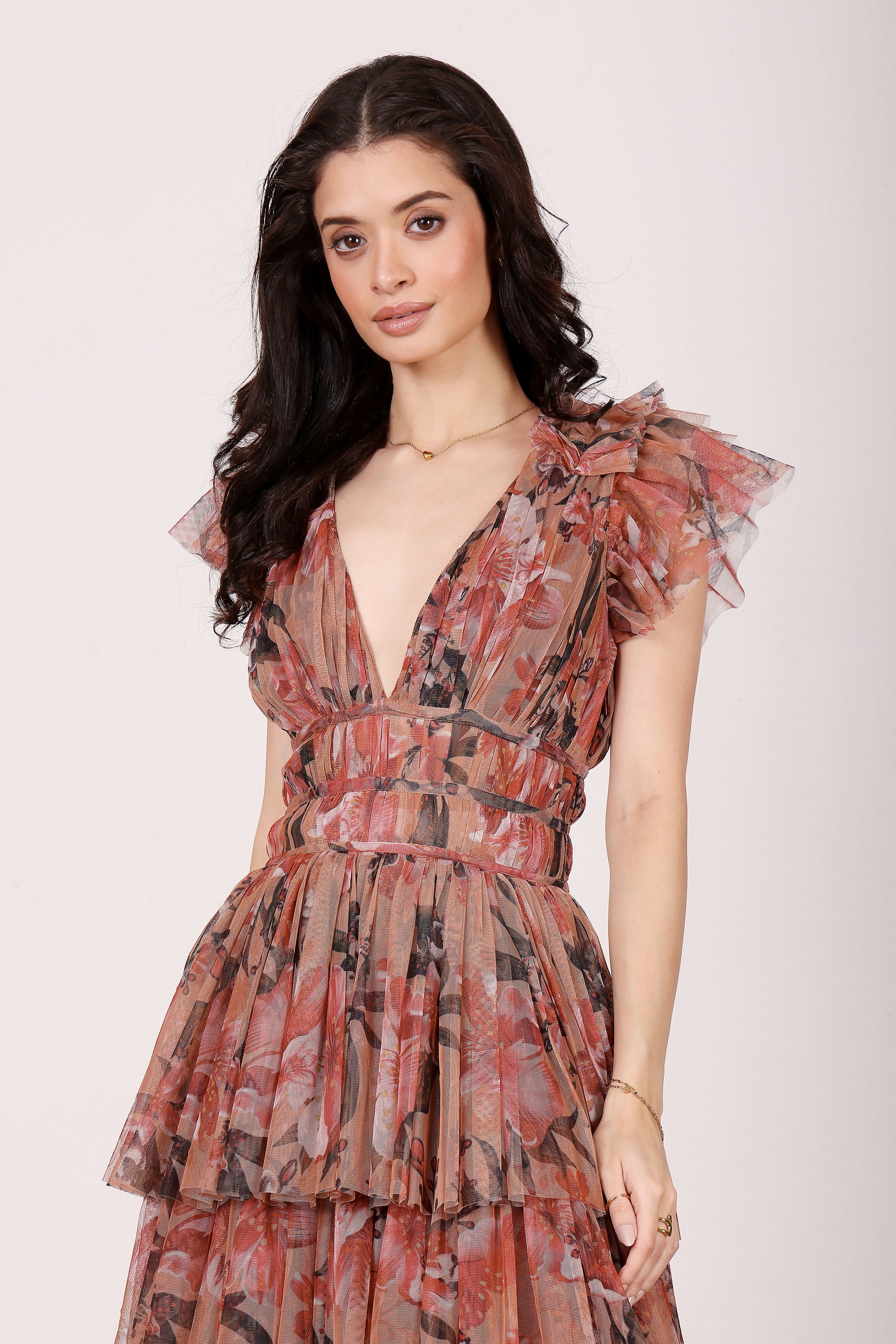 Naomi Tulle Maxi Dress in Red Rose Floral