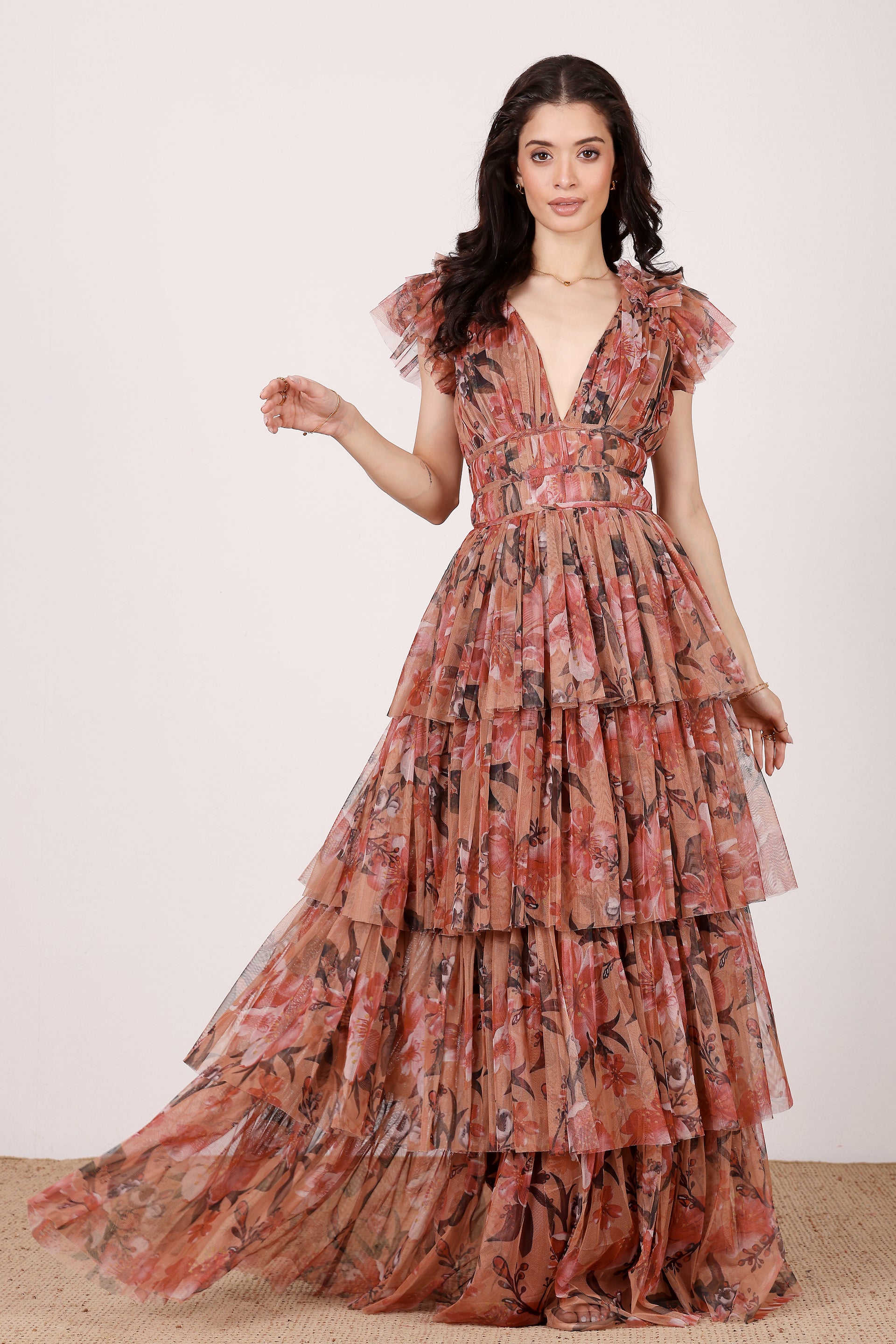 Naomi Tulle Maxi Dress in Red Rose Floral