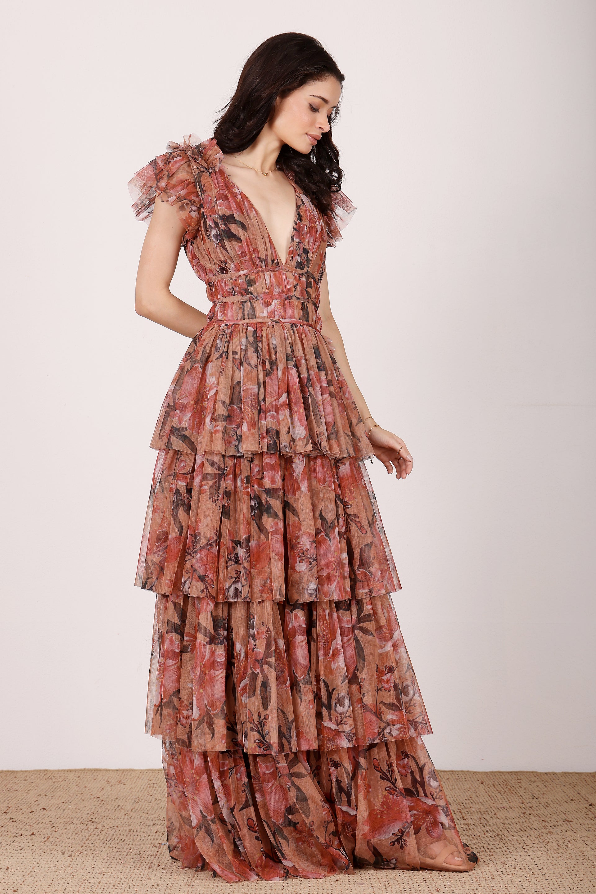 Naomi Tulle Maxi Dress in Red Rose Floral