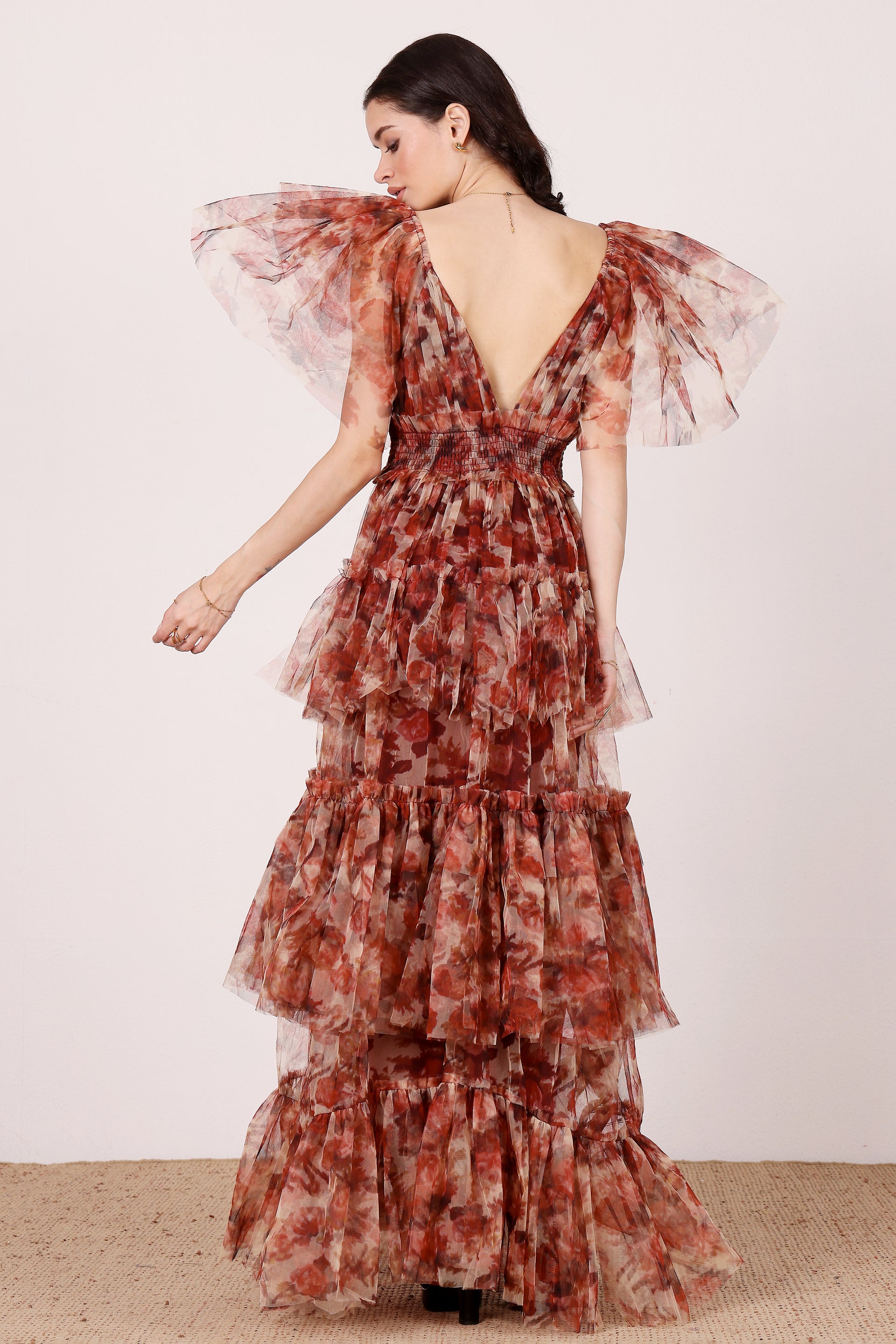 Jasmine Stiff Tulle Maxi Dress in Rose Floral Print