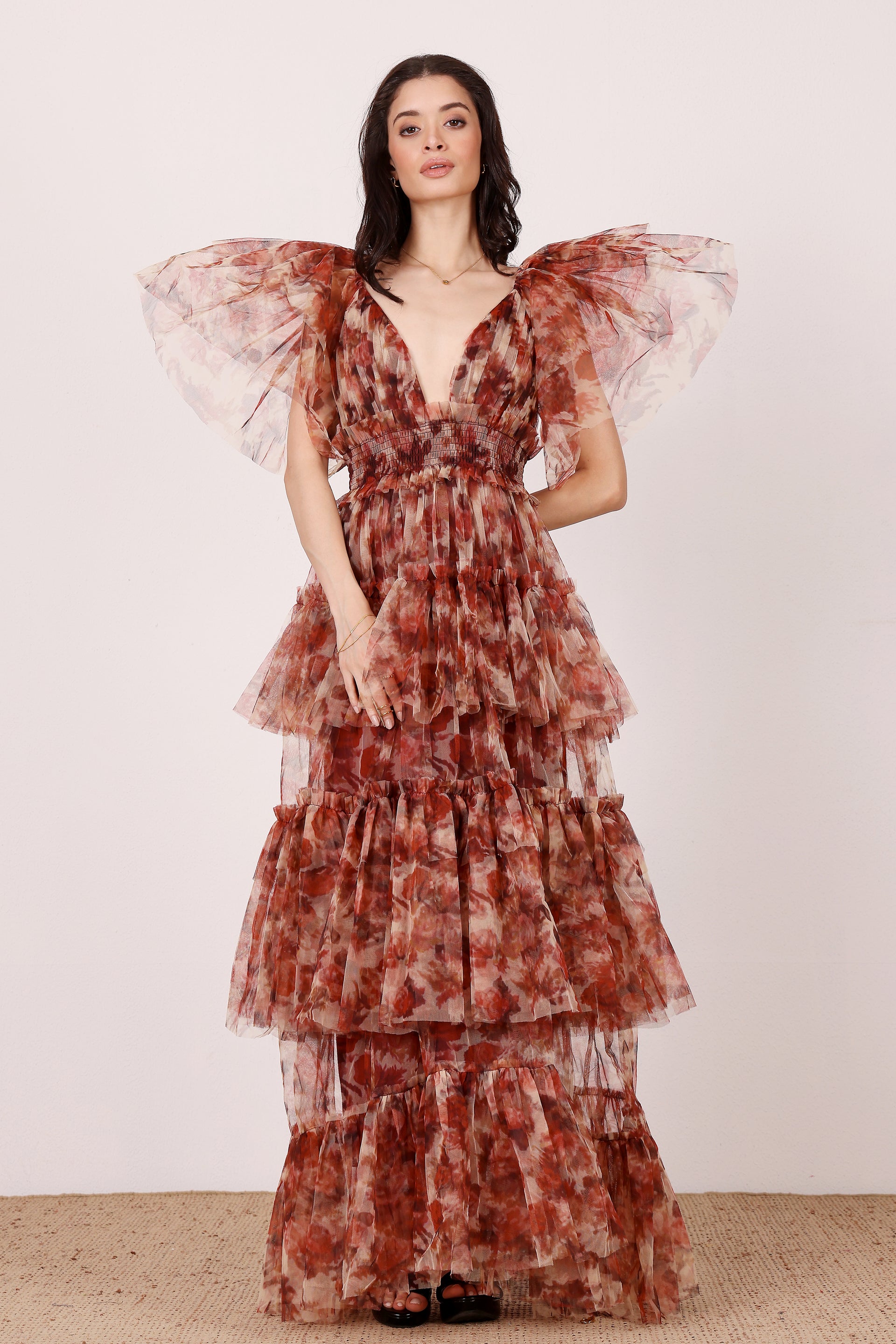Jasmine Stiff Tulle Maxi Dress in Rose Floral Print