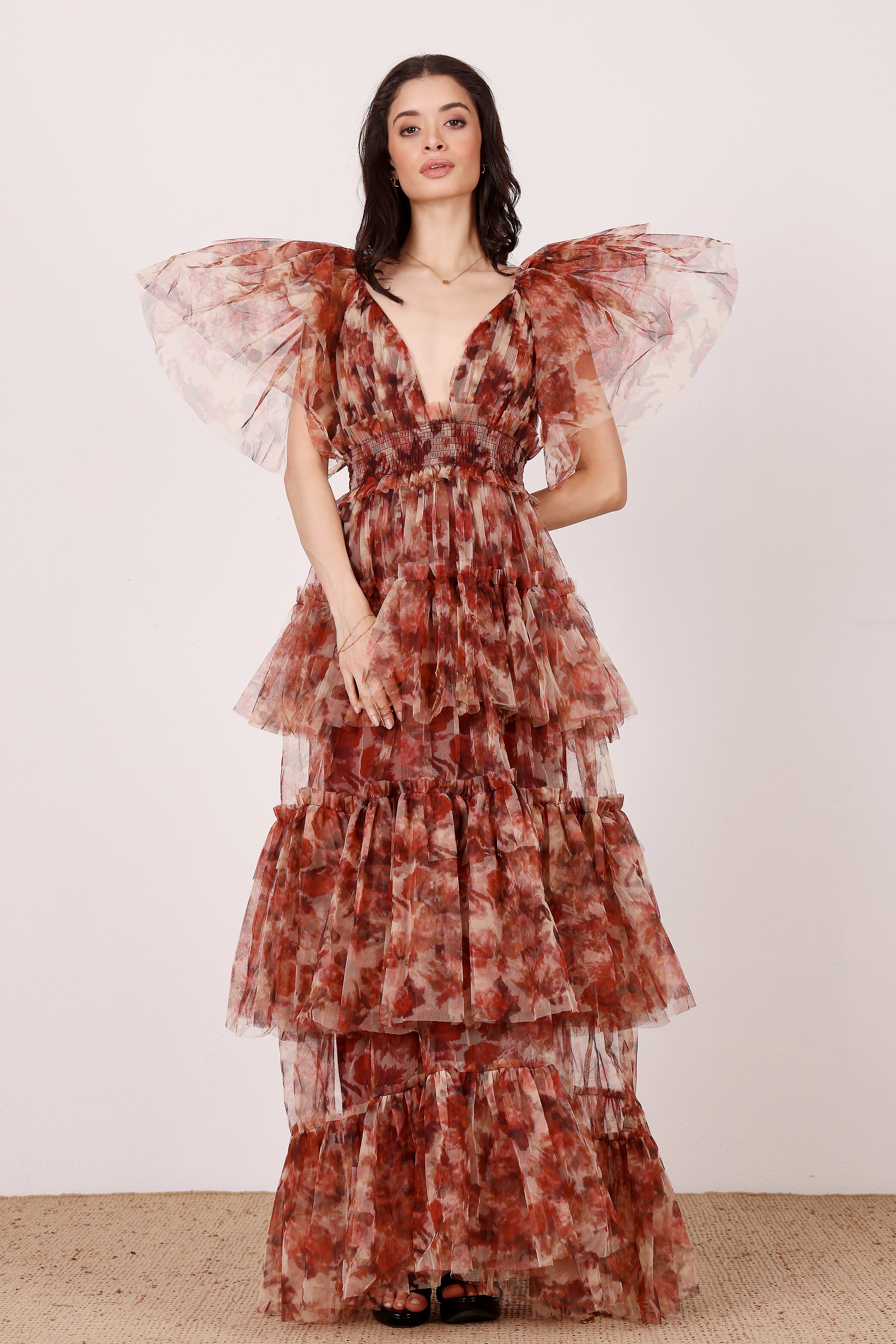 Jasmine Stiff Tulle Maxi Dress in Rose Floral Print