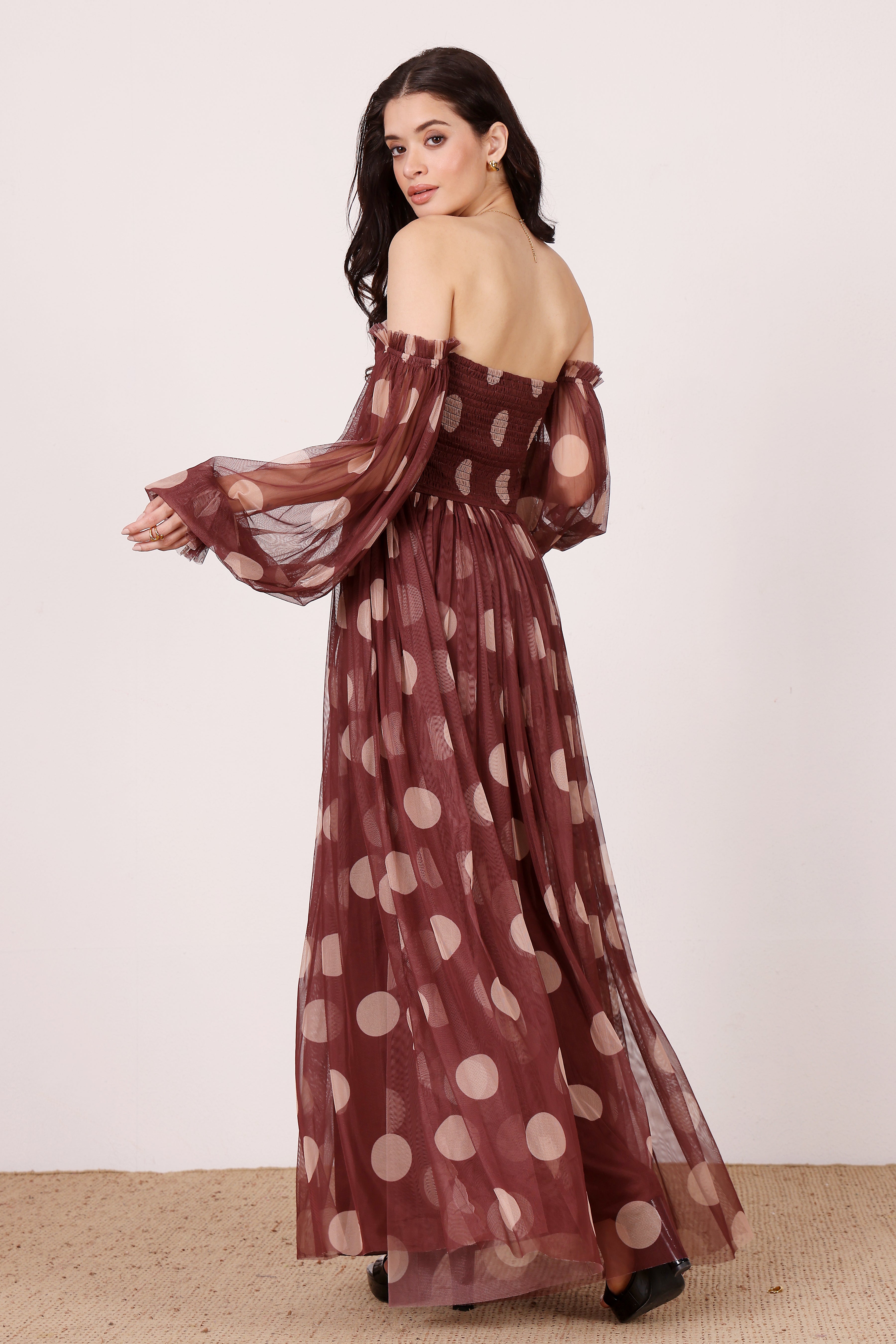 Lana Maxi Dress in Mahogany Brown and Beige Polka Dot