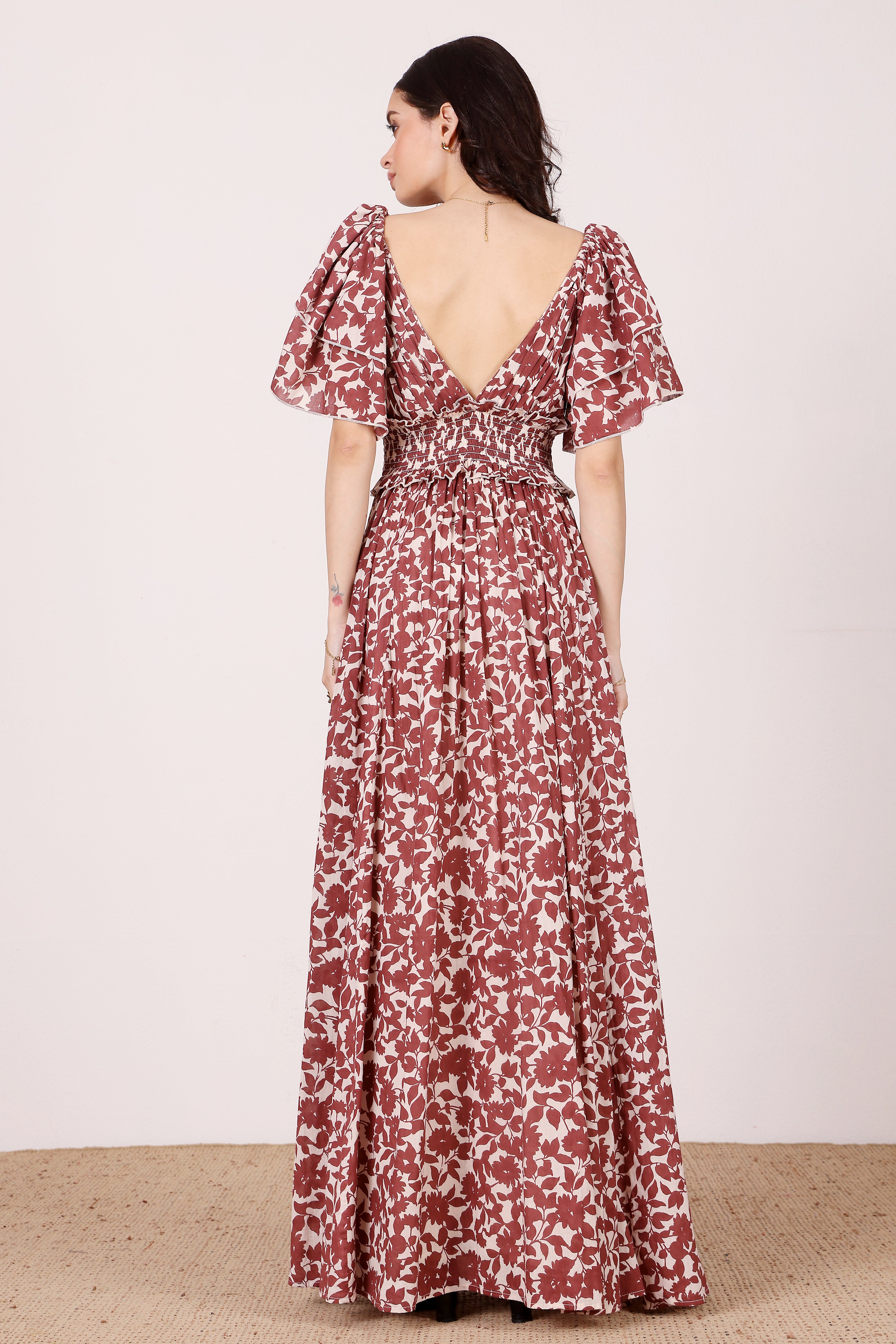 Shelby Cotton Maxi Dress in Burgundy Leaf Print