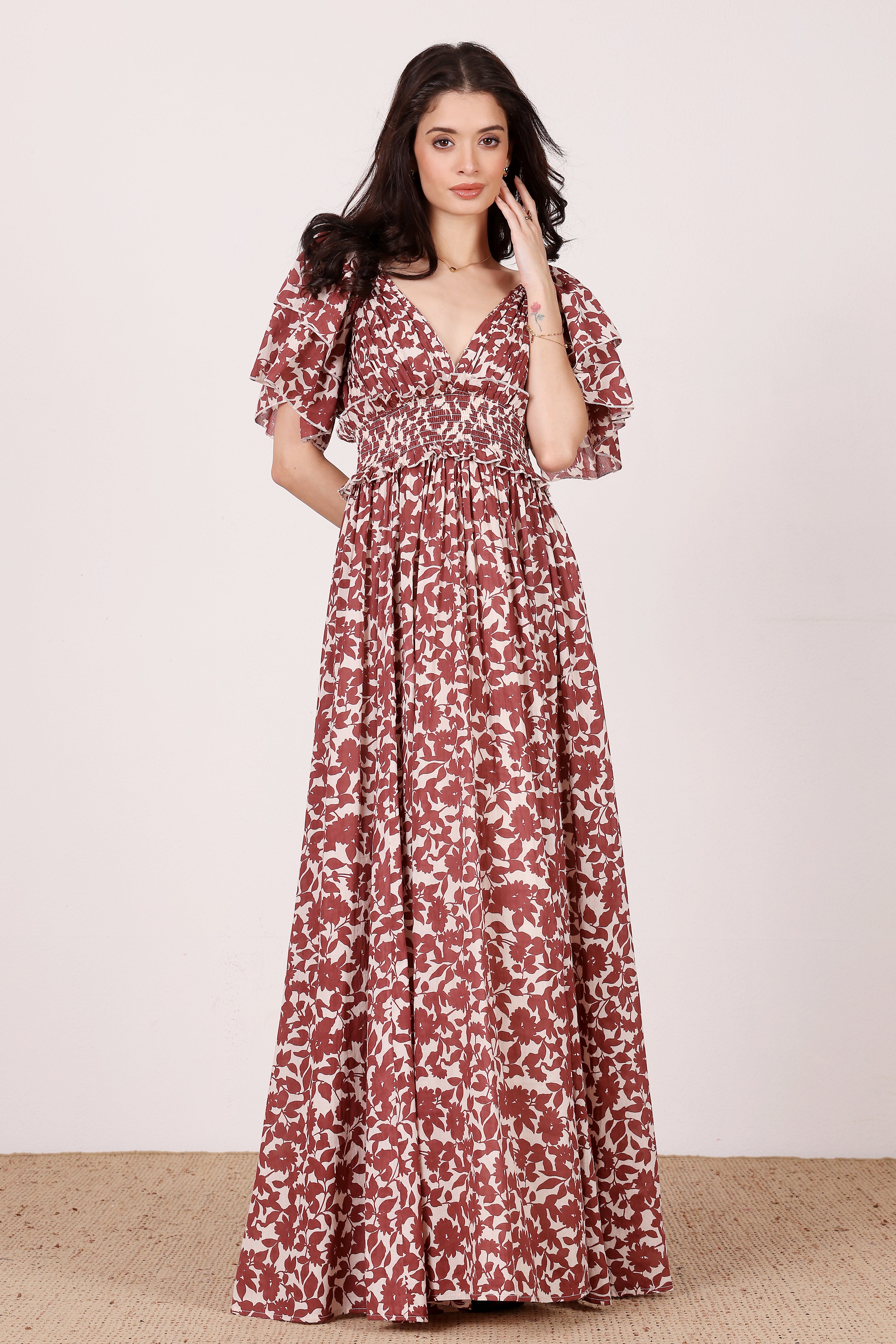 Shelby Cotton Maxi Dress in Burgundy Leaf Print