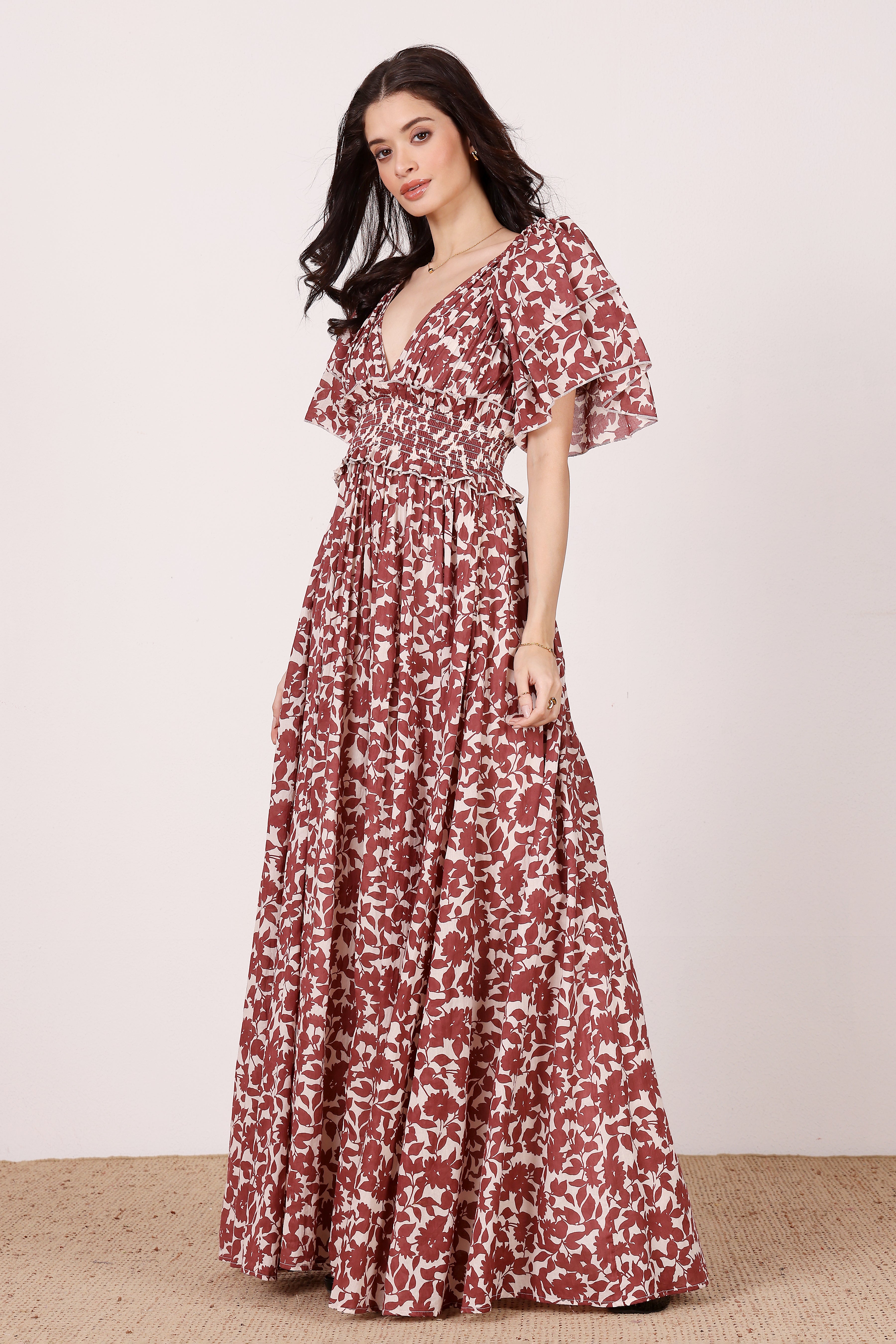 Shelby Cotton Maxi Dress in Burgundy Leaf Print