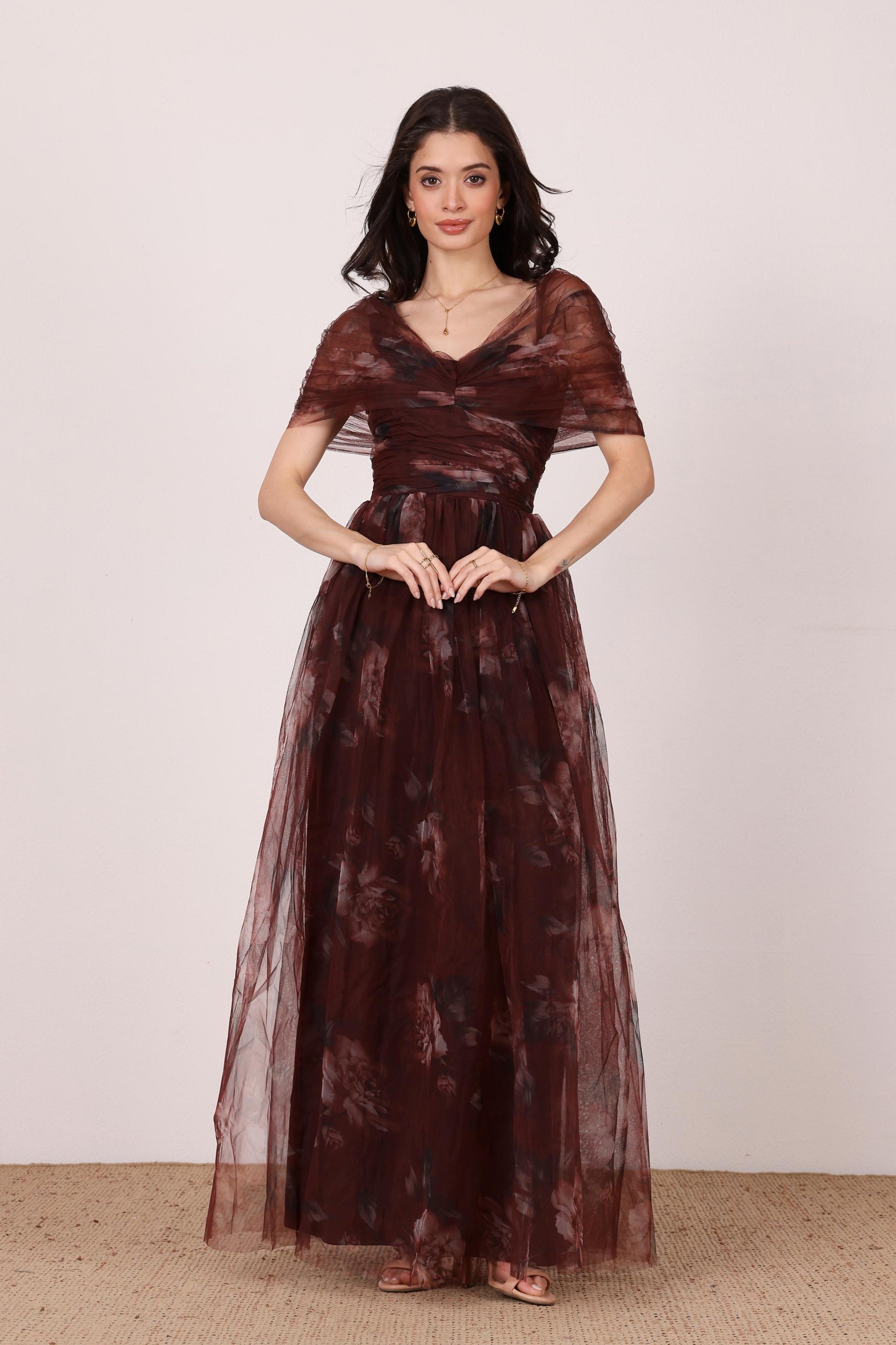 Off-shoulder bow floral brown mocha plum print formal black tie maxi dress