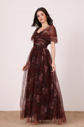 Off-shoulder bow floral brown mocha plum print formal black tie maxi dress