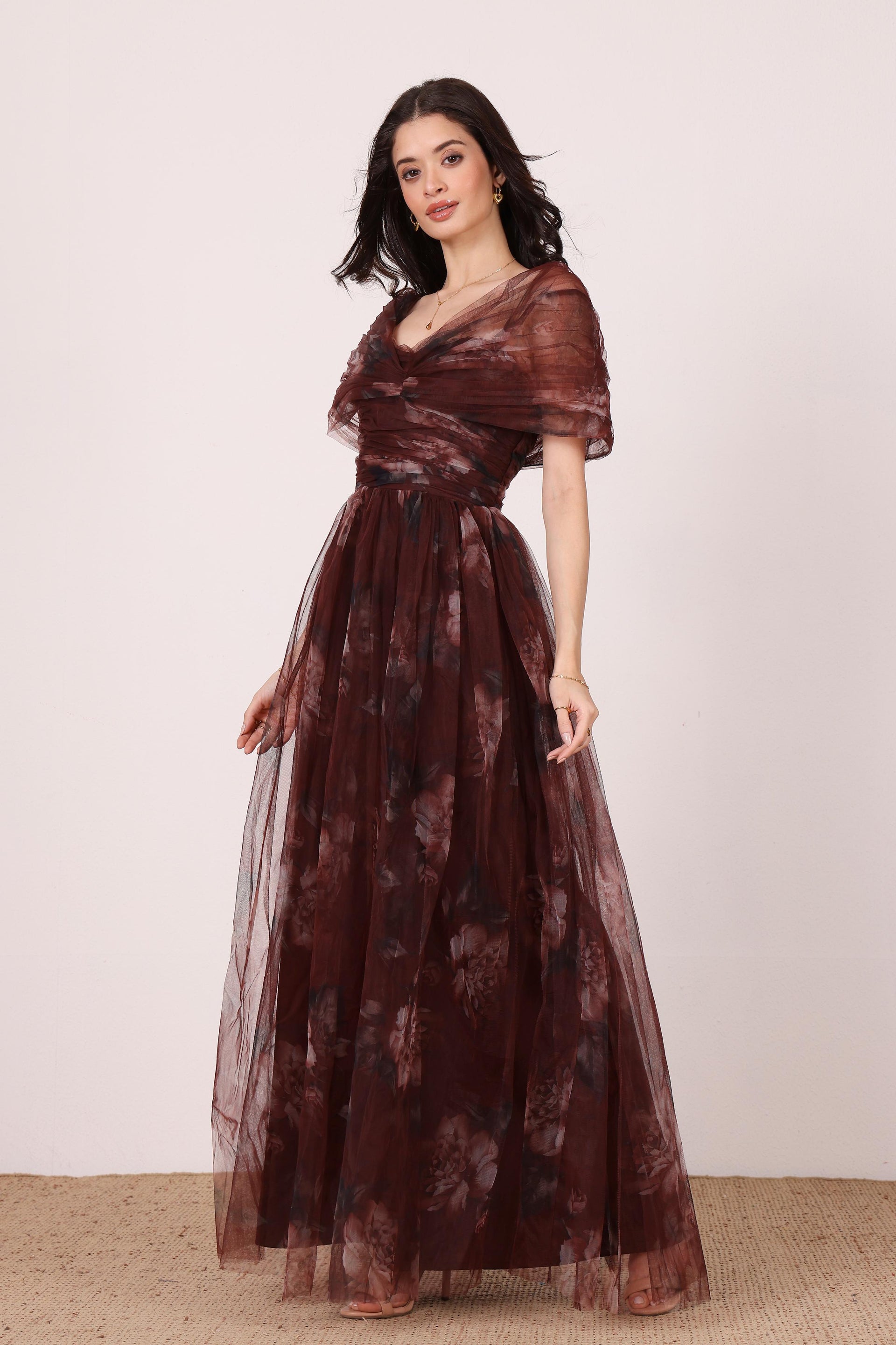 Off-shoulder bow floral brown mocha plum print formal black tie maxi dress