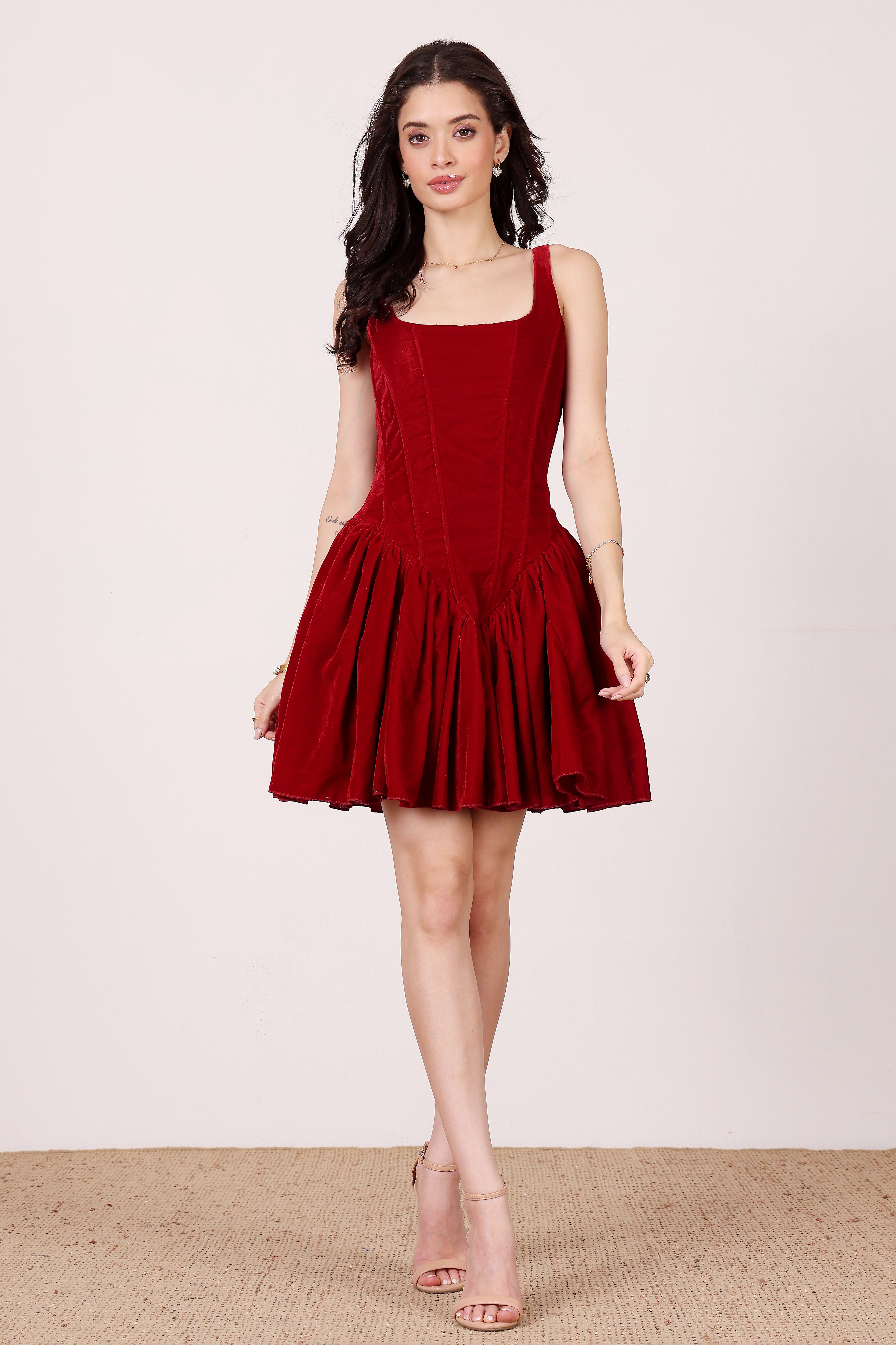 Quest Velvet Corset Mini Dress in Red
