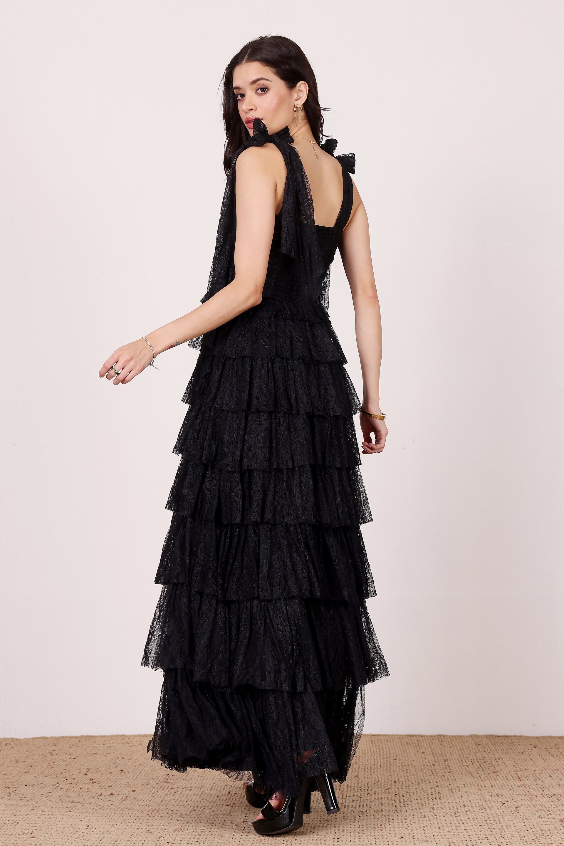Ophelia Lace Maxi Dress with Tie Detail in Black