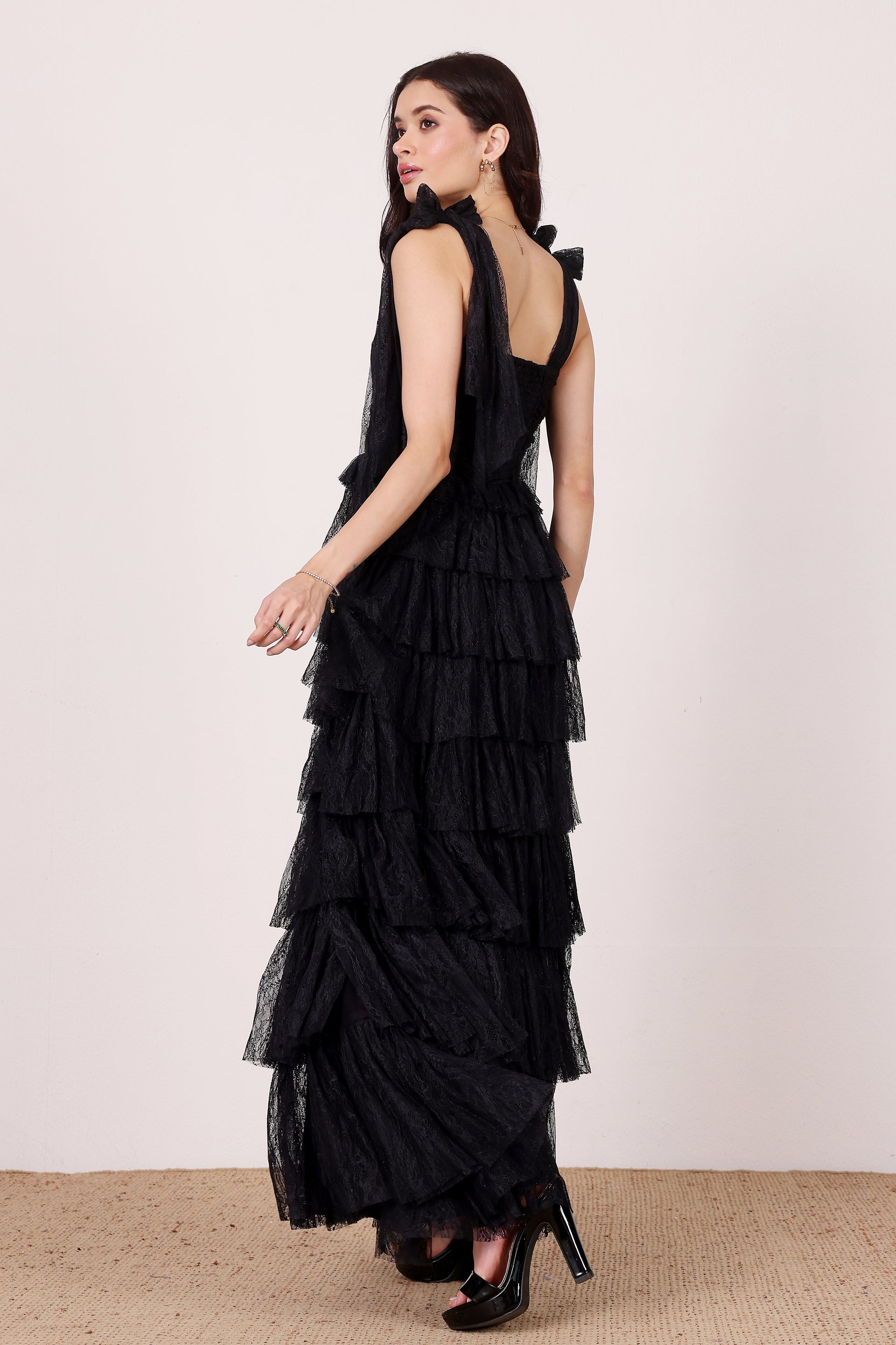 Ophelia Lace Maxi Dress with Tie Detail in Black