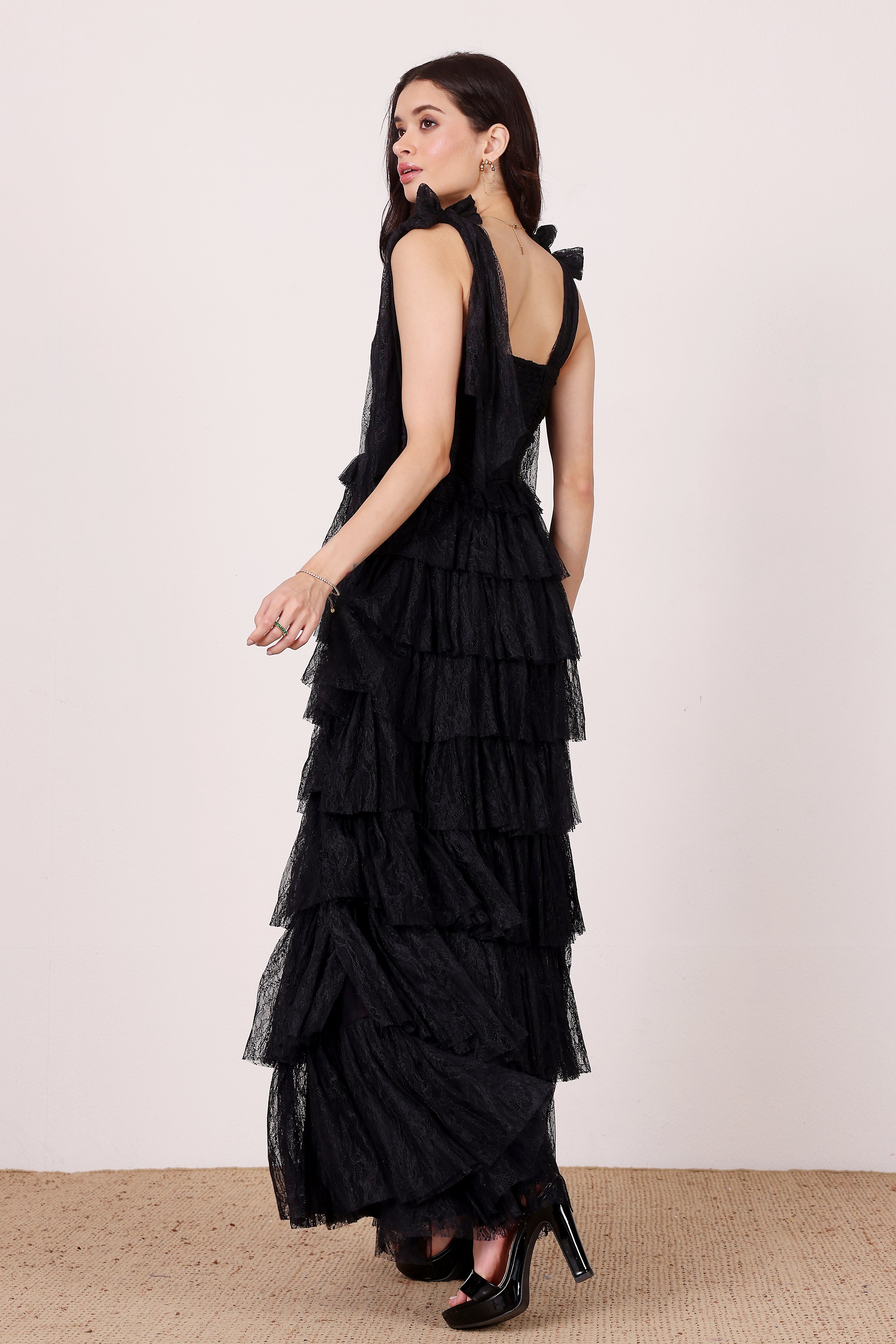 Ophelia Lace Maxi Dress with Tie Detail in Black